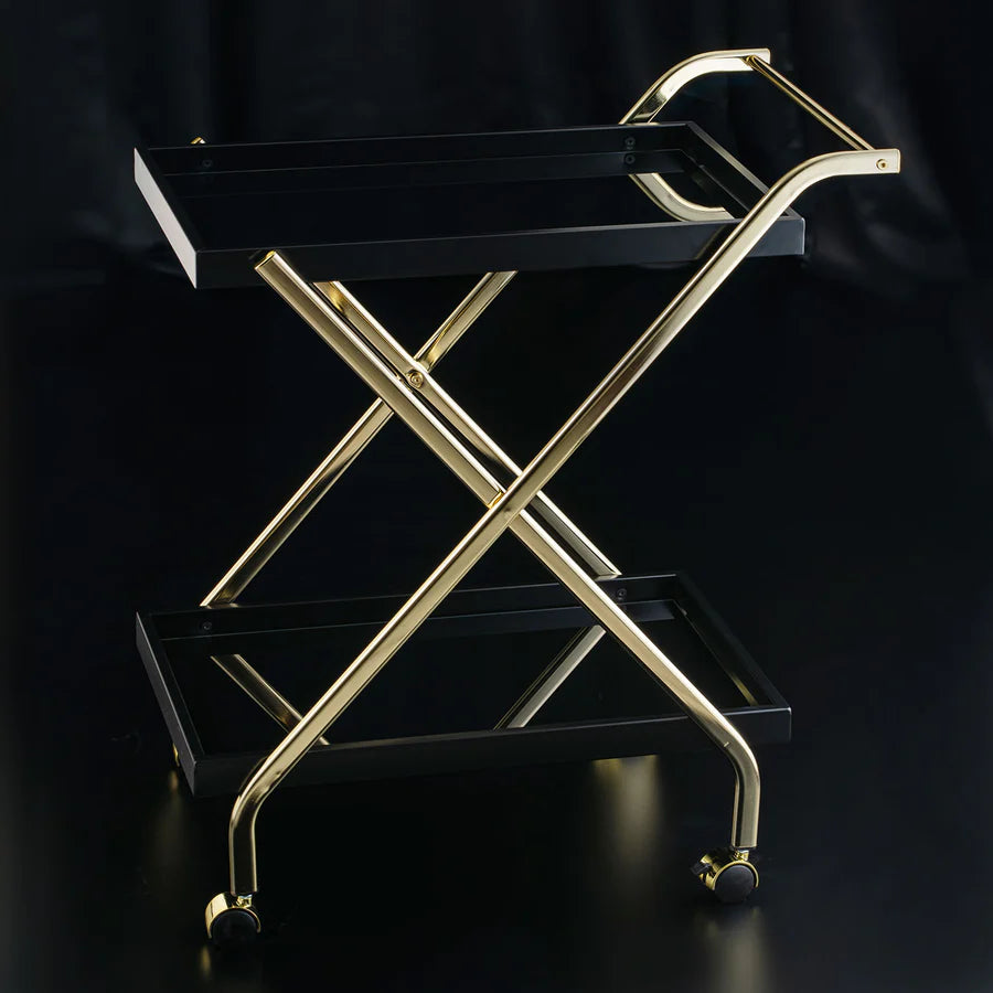 Elegant Black Glass Trolley with Gold Steel Frame - grahsajja