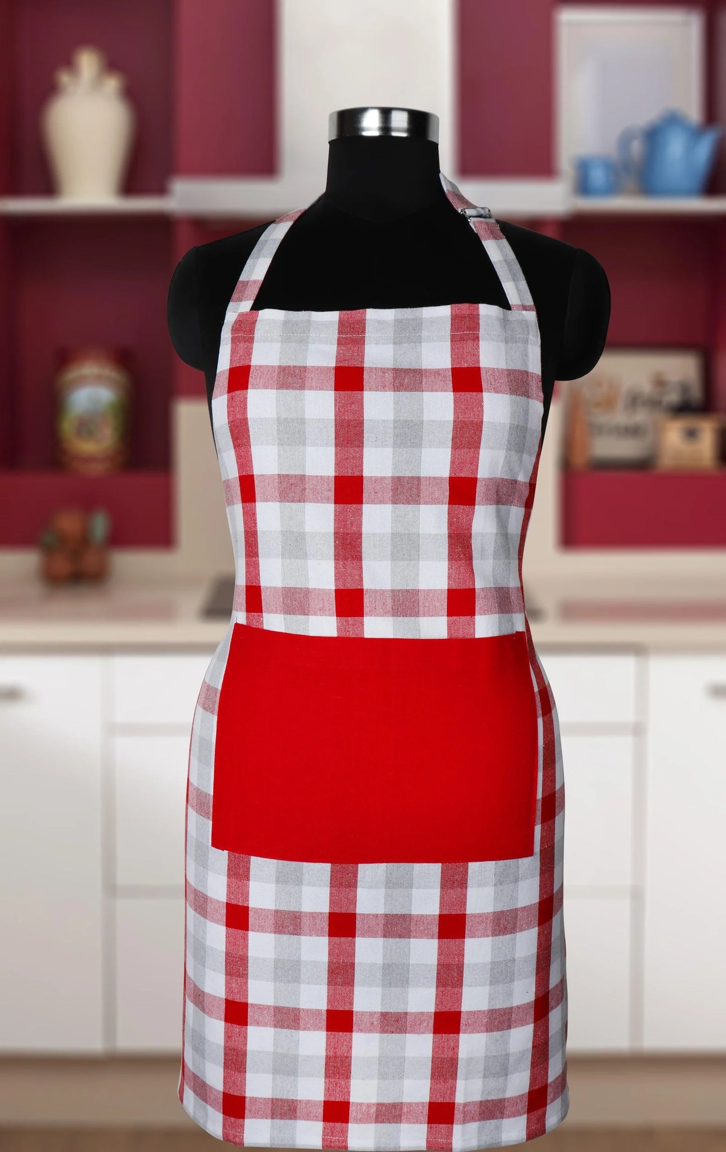 Linen bib apron in Red Grey gingham - grahsajja