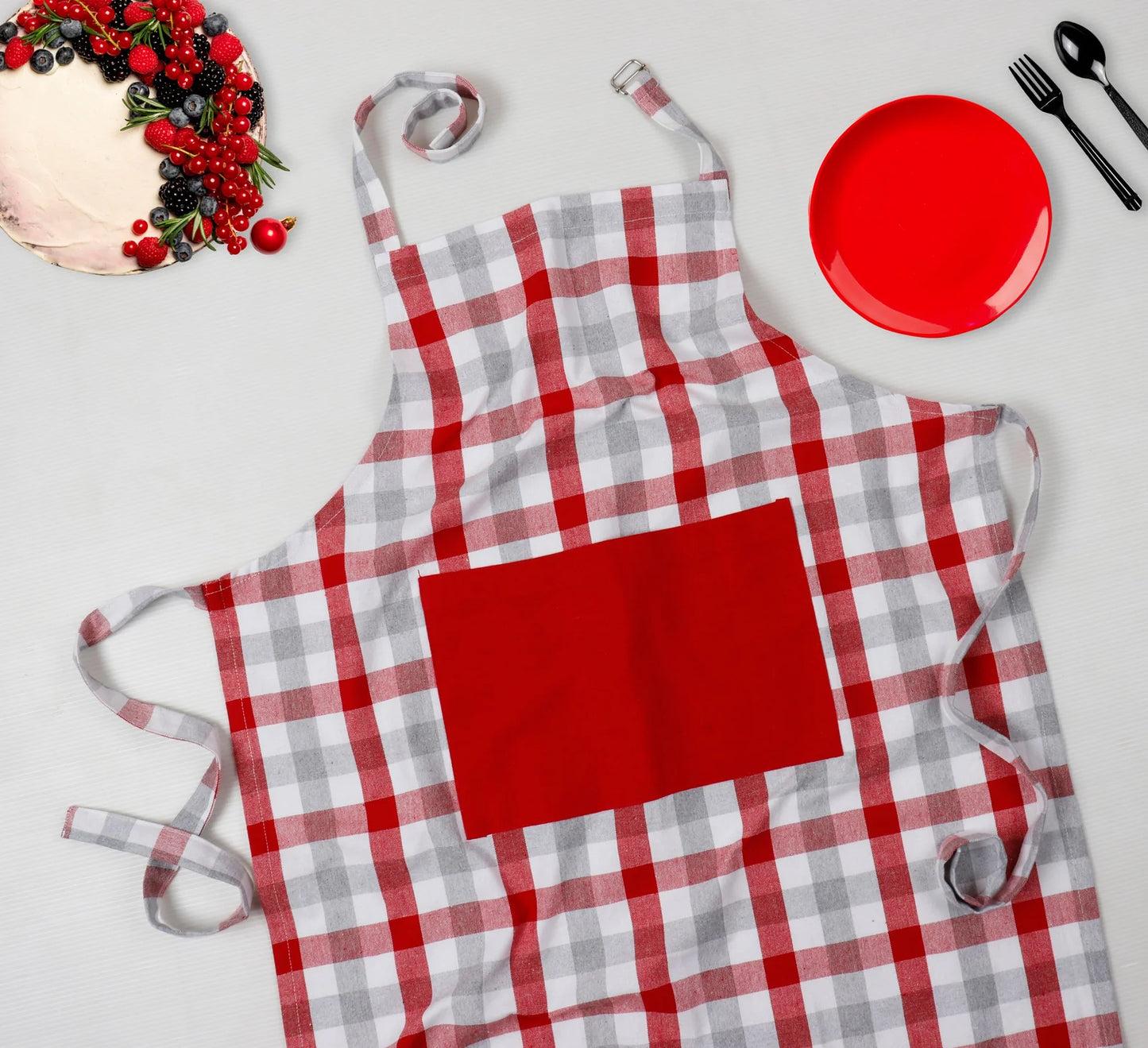 Linen bib apron in Red Grey gingham - grahsajja