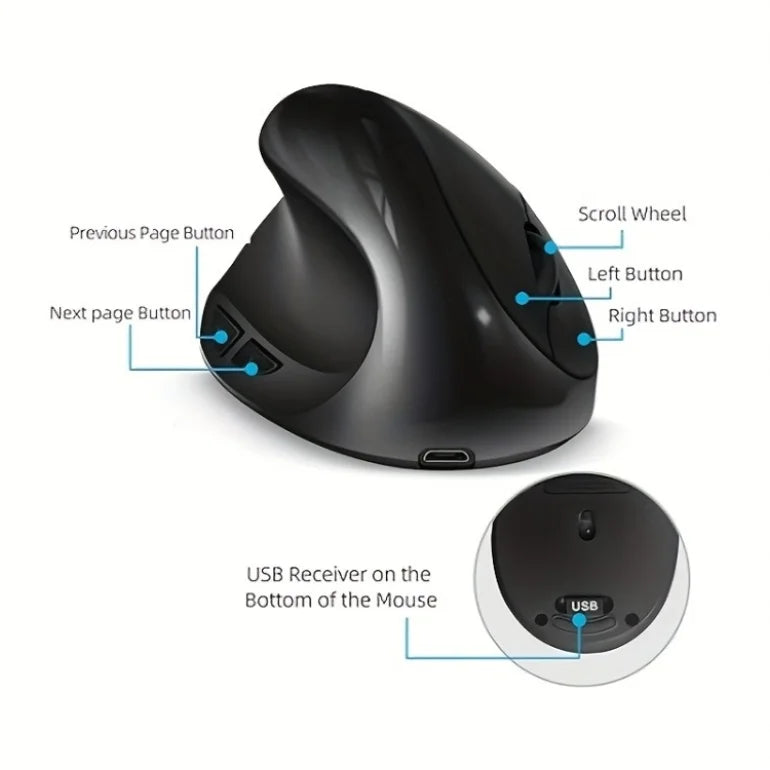 Wholesale Black Ergonomic Mouse Wireless Rechargeable Comfort Grip Mouse 6 Buttons Silent Click Mouse for Office Home Use