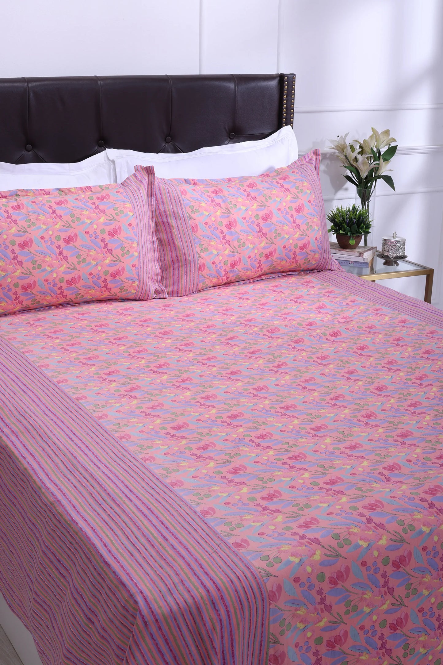 Floral Block Printed Bedsheet 0201 90 x 108inch - grahsajja
