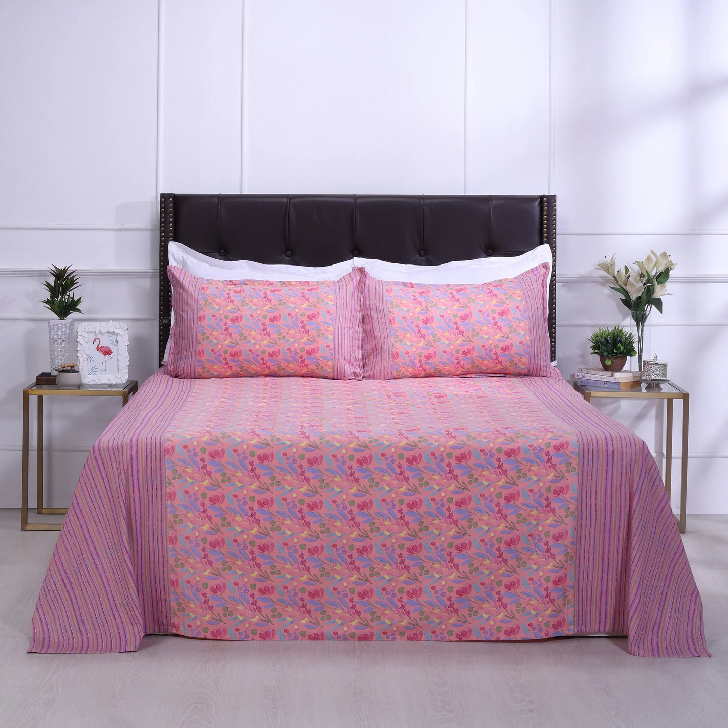 Floral Block Printed Bedsheet 0201 90 x 108inch - grahsajja