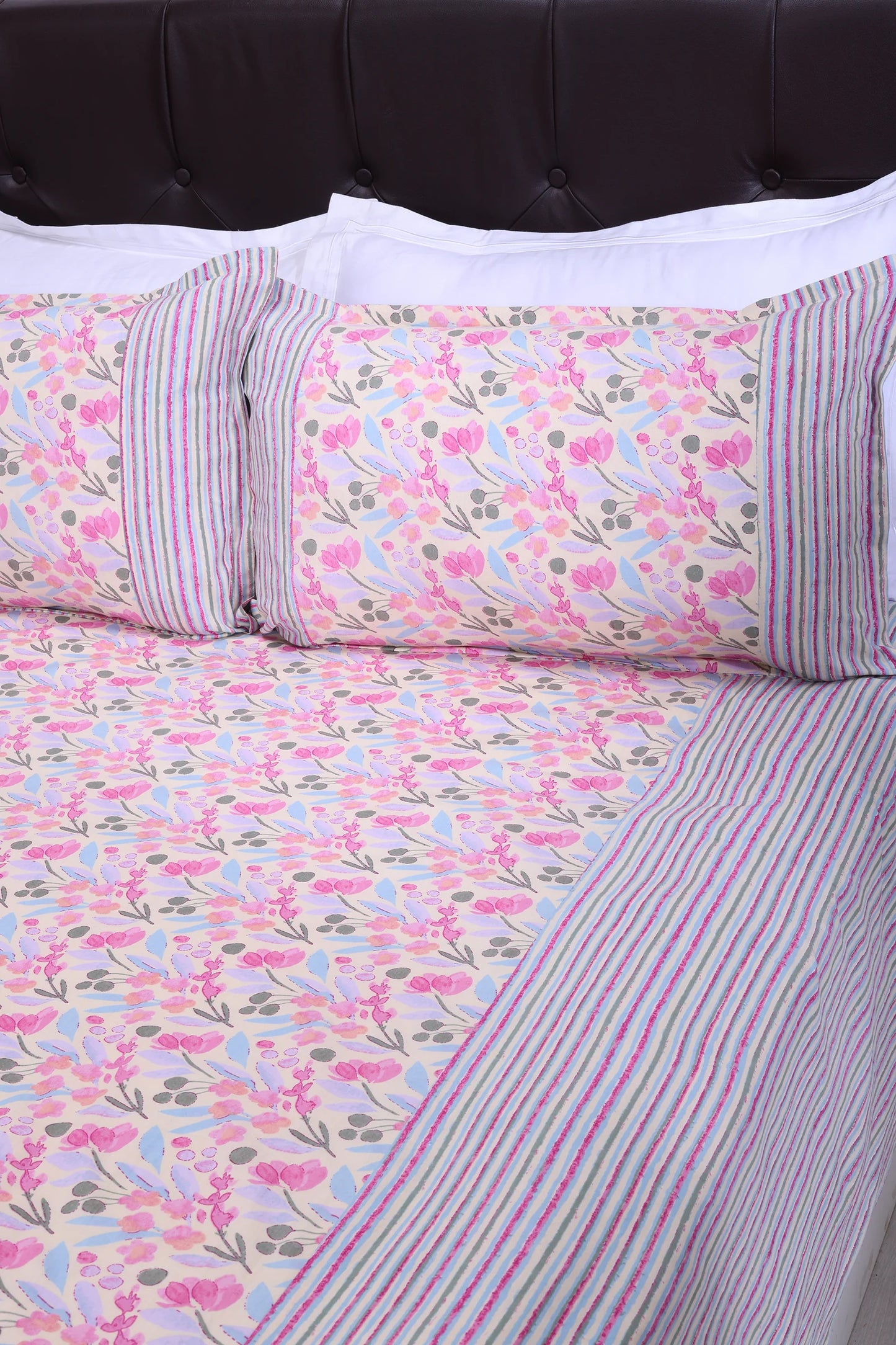 Floral Block Printed Bedsheet 0201 90 x 108inch - grahsajja