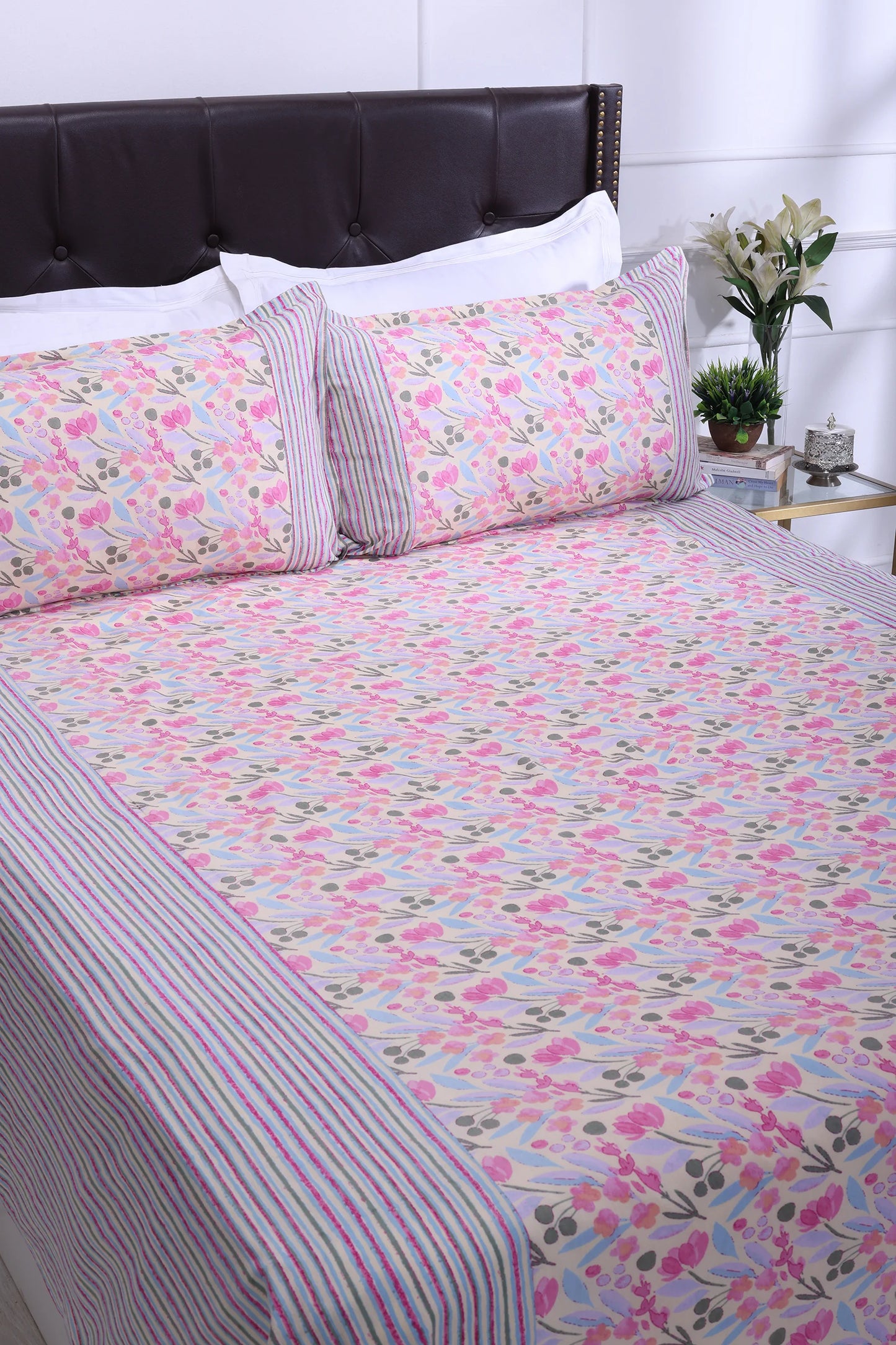 Floral Block Printed Bedsheet 0201 90 x 108inch - grahsajja