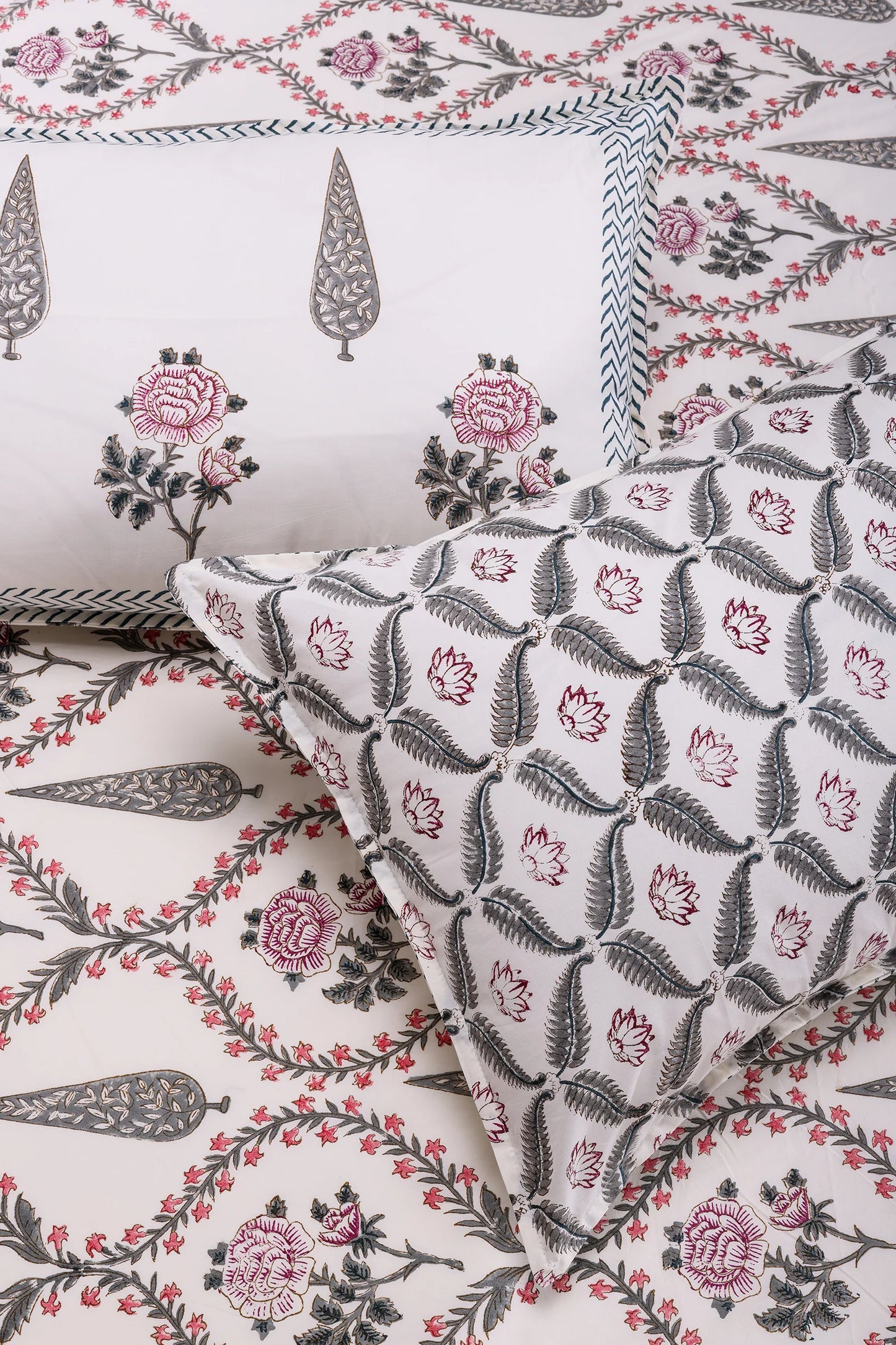 Cypress & Rose jaal block White Cotton Percale Bedsheet -108 x 108inch - grahsajja