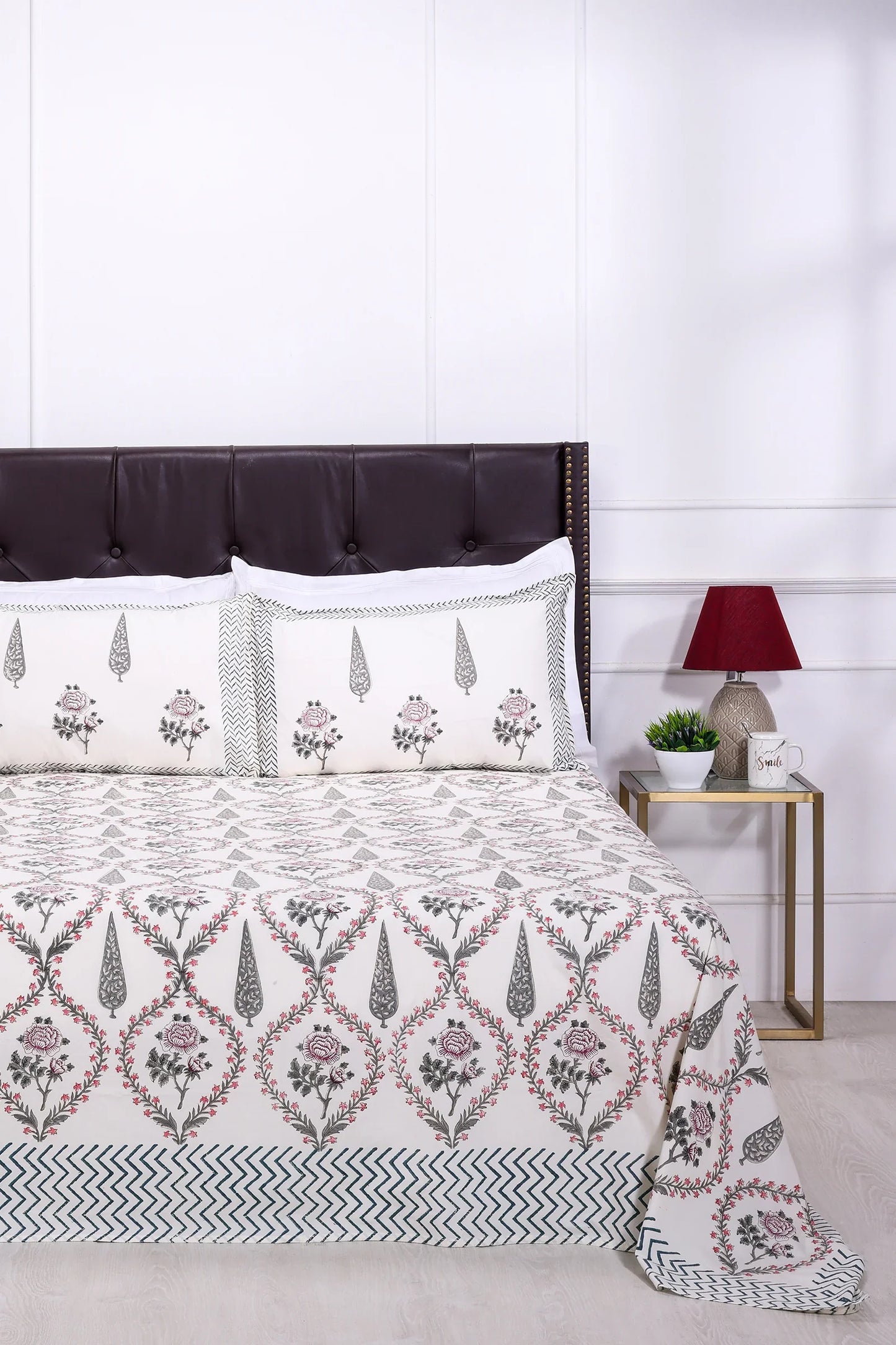 Cypress & Rose jaal block Cream Cotton Percale Bedsheet -108 x 108inch - grahsajja