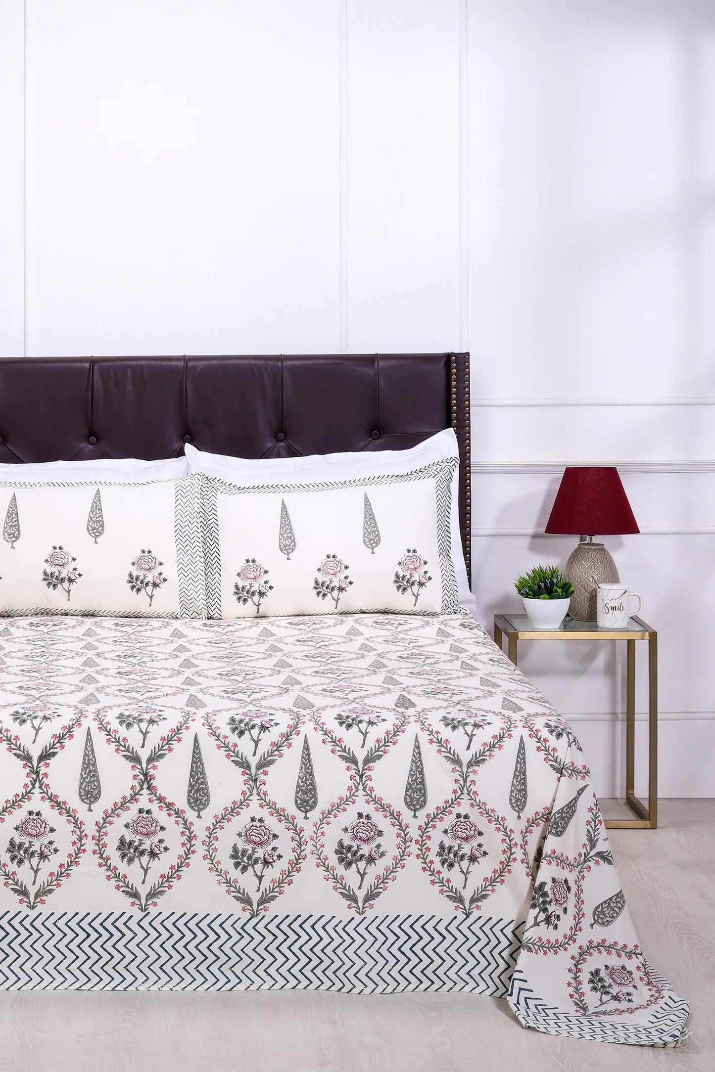 Cypress & Rose jaal block White Cotton Percale Bedsheet -108 x 108inch - grahsajja