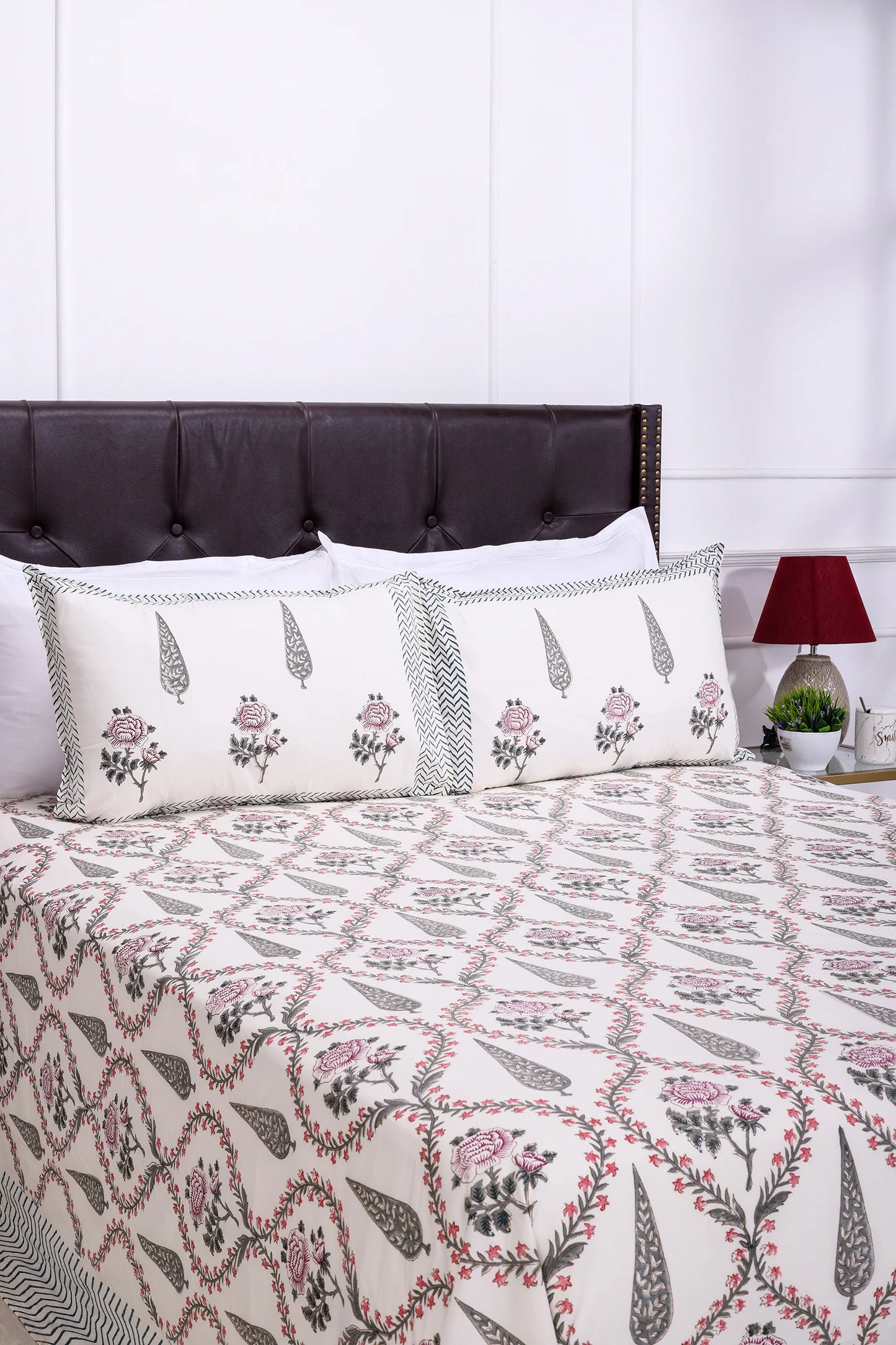 Cypress & Rose jaal block White Cotton Percale Bedsheet -108 x 108inch - grahsajja