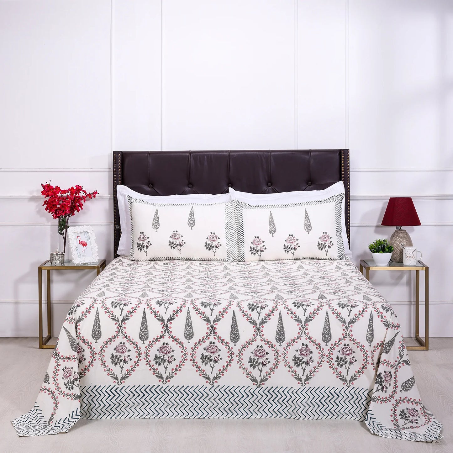 Cypress & Rose jaal block White Cotton Percale Bedsheet -108 x 108inch - grahsajja