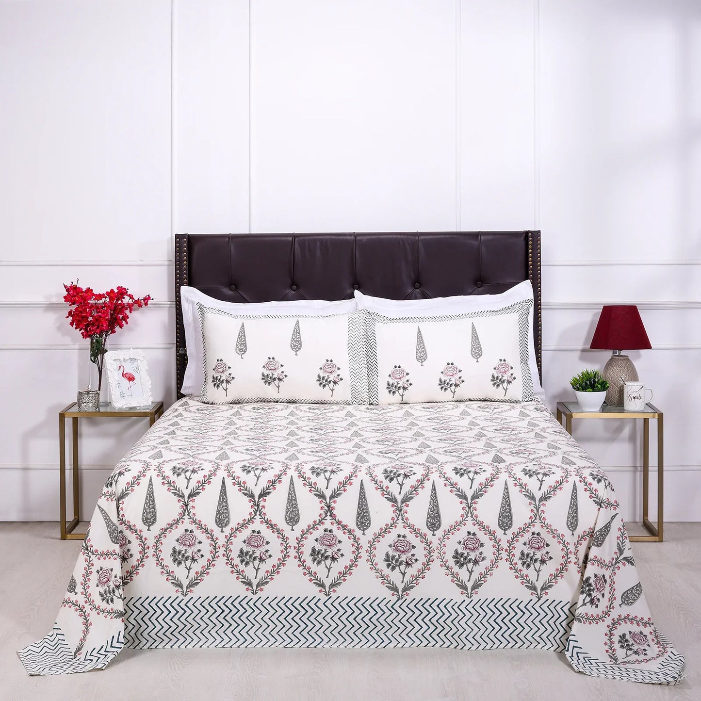 Cypress & Rose jaal block Cream Cotton Percale Bedsheet -108 x 108inch - grahsajja