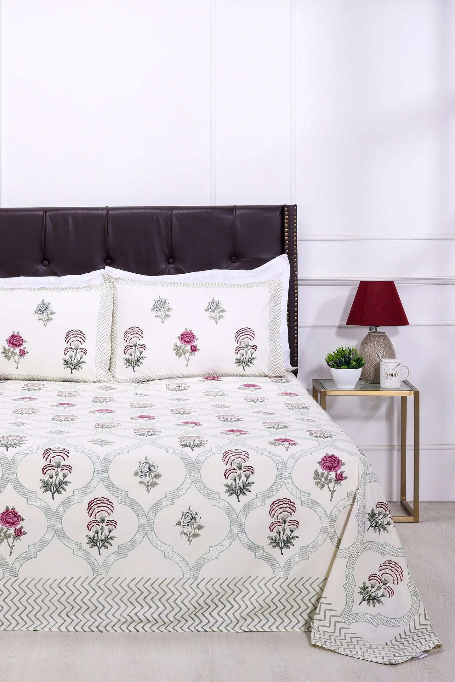 Rose Jaal block Cream Cotton Percale Bedsheet -108 x 108inch - grahsajja