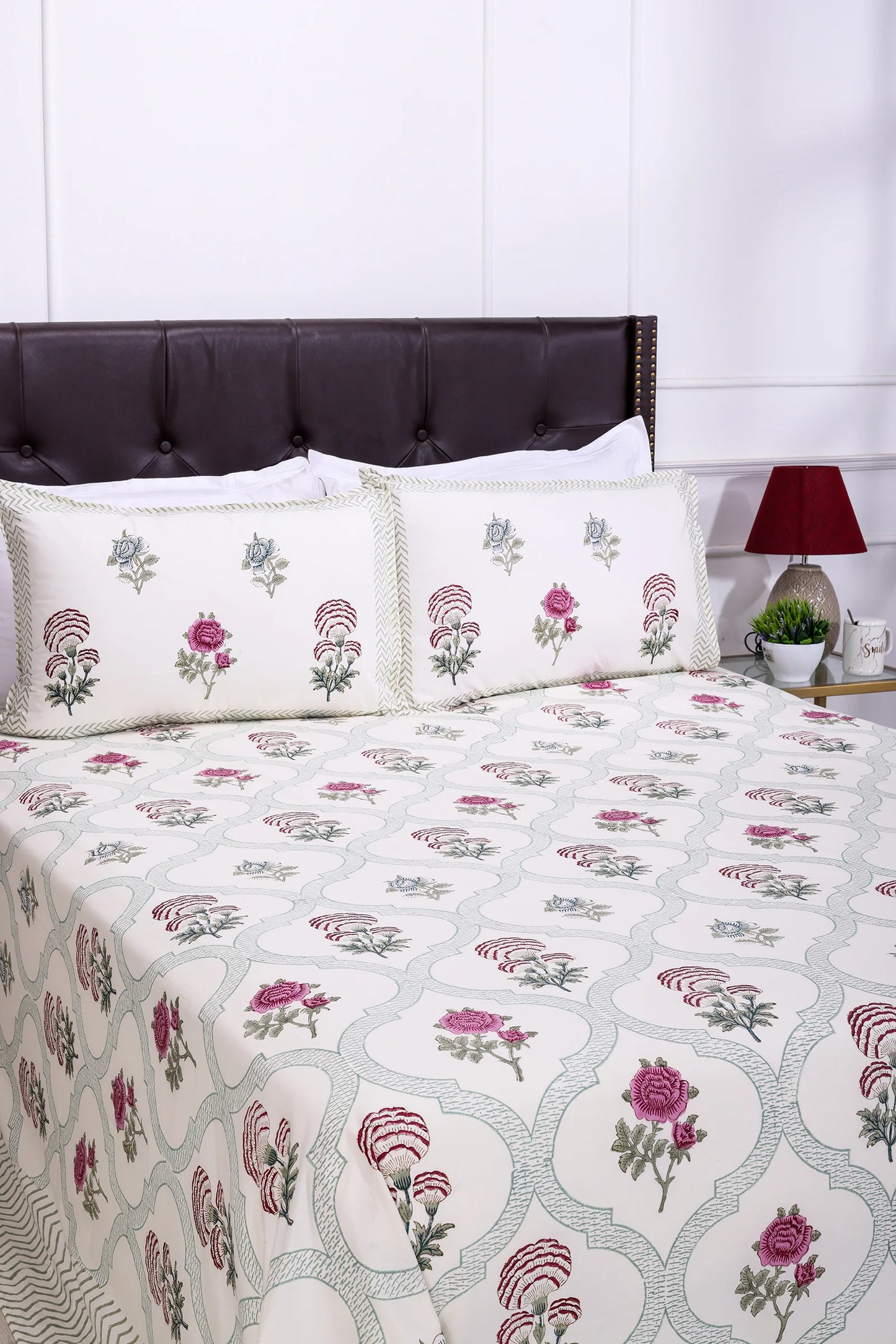 Rose Jaal block Cream Cotton Percale Bedsheet -108 x 108inch - grahsajja