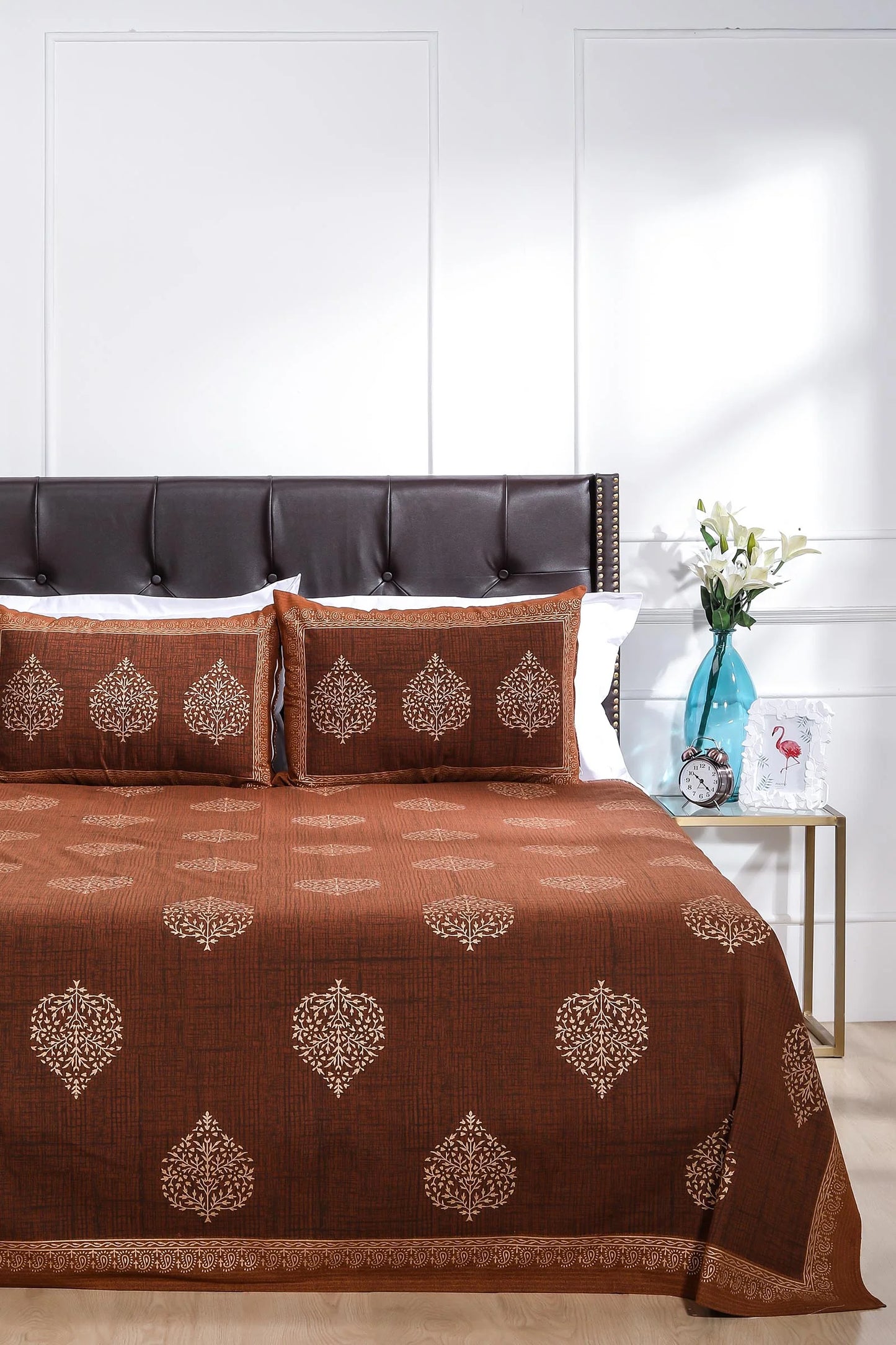 Block Printed Bedsheet Paan Print Blue Brown 90 x 108inch - grahsajja