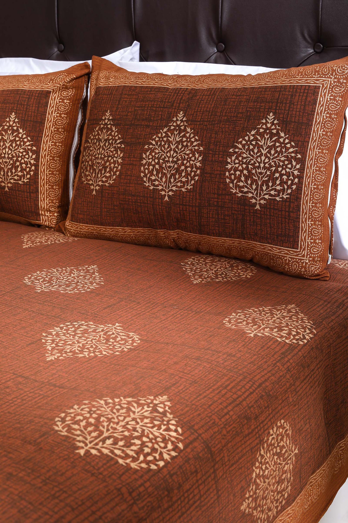 Block Printed Bedsheet Paan Print Blue Brown 90 x 108inch - grahsajja
