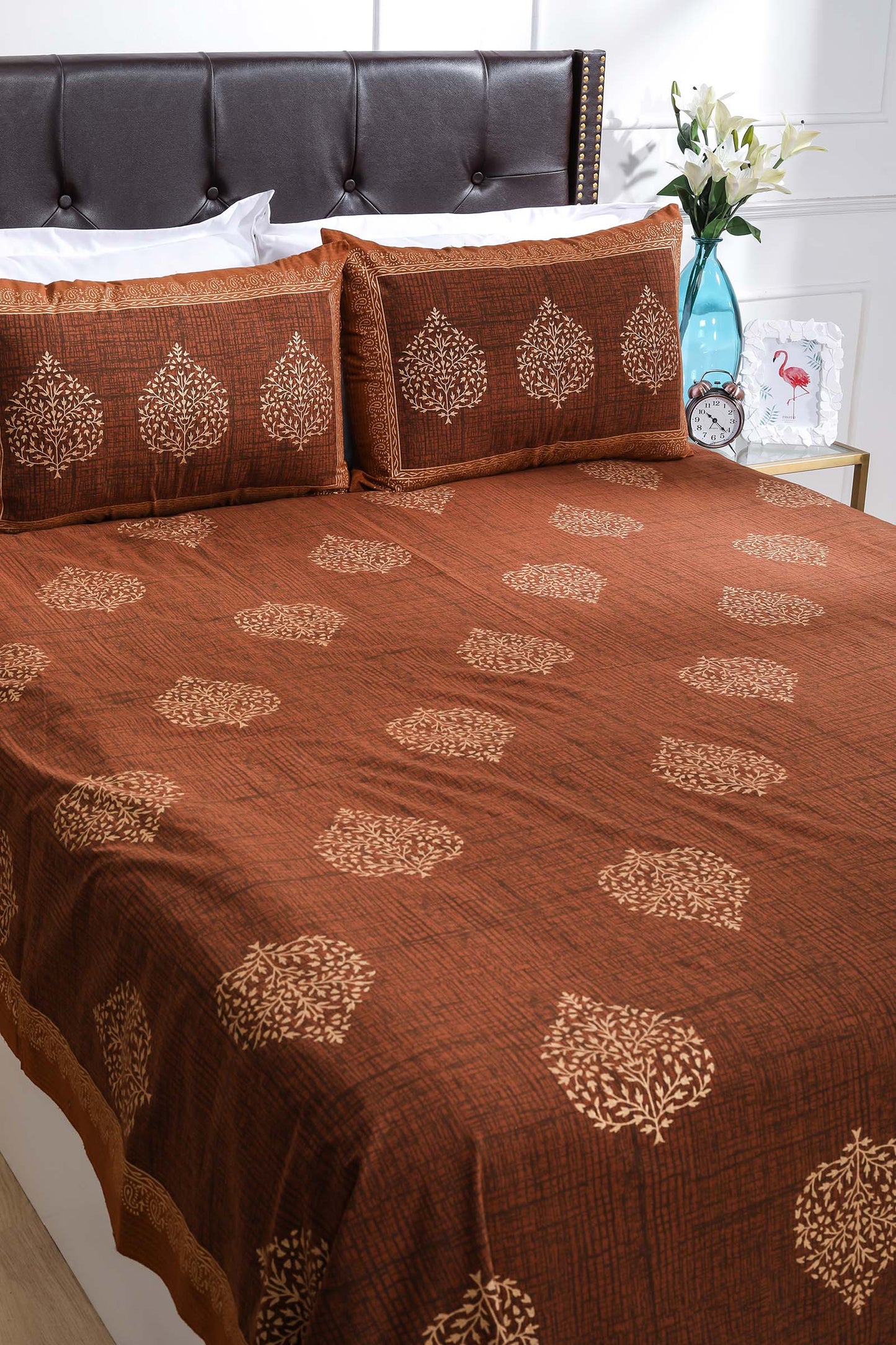 Block Printed Bedsheet Paan Print Blue Brown 90 x 108inch - grahsajja
