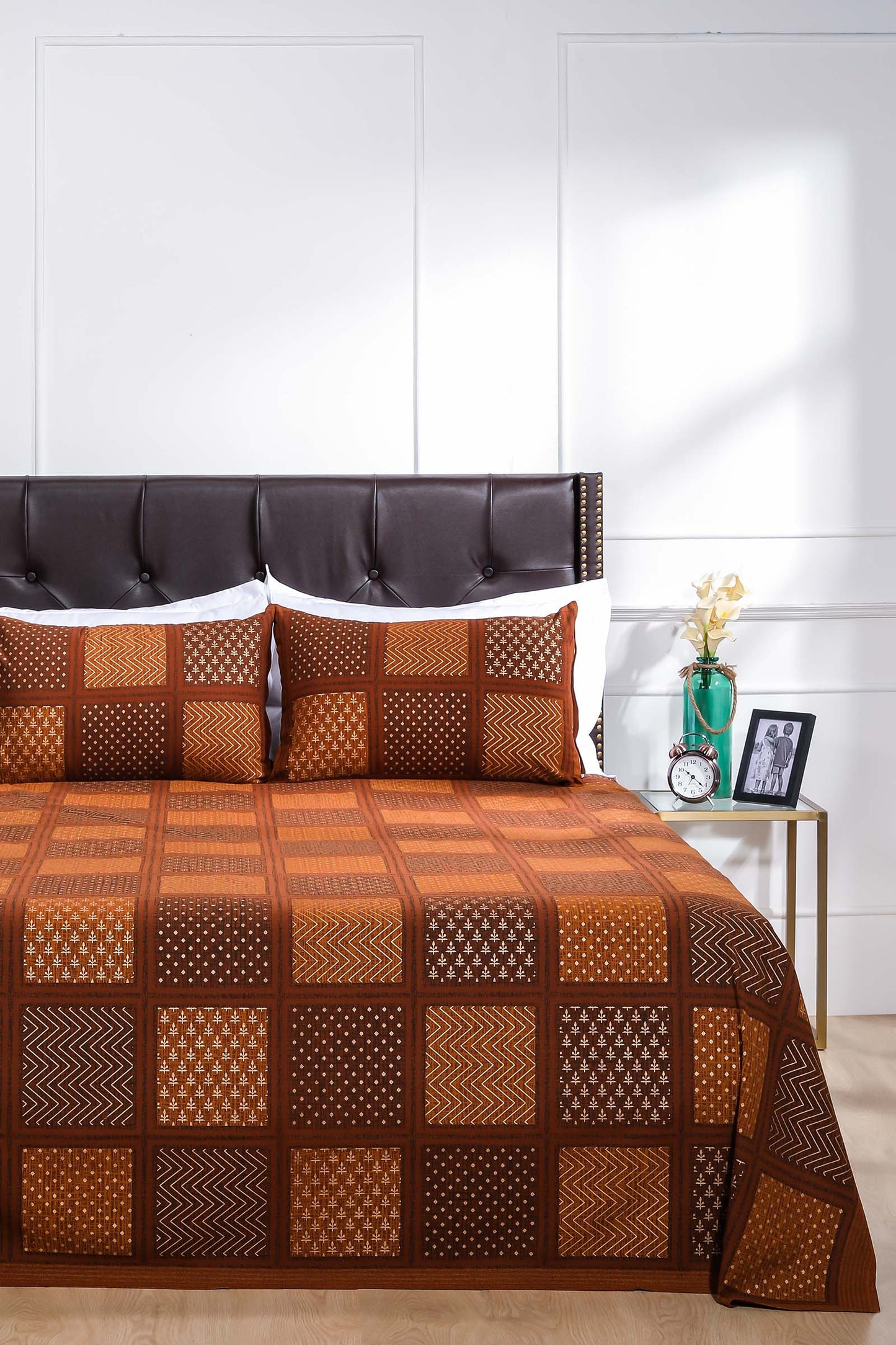 Block Printed Bedsheet Patch Print Brown 90 x 108inch - grahsajja