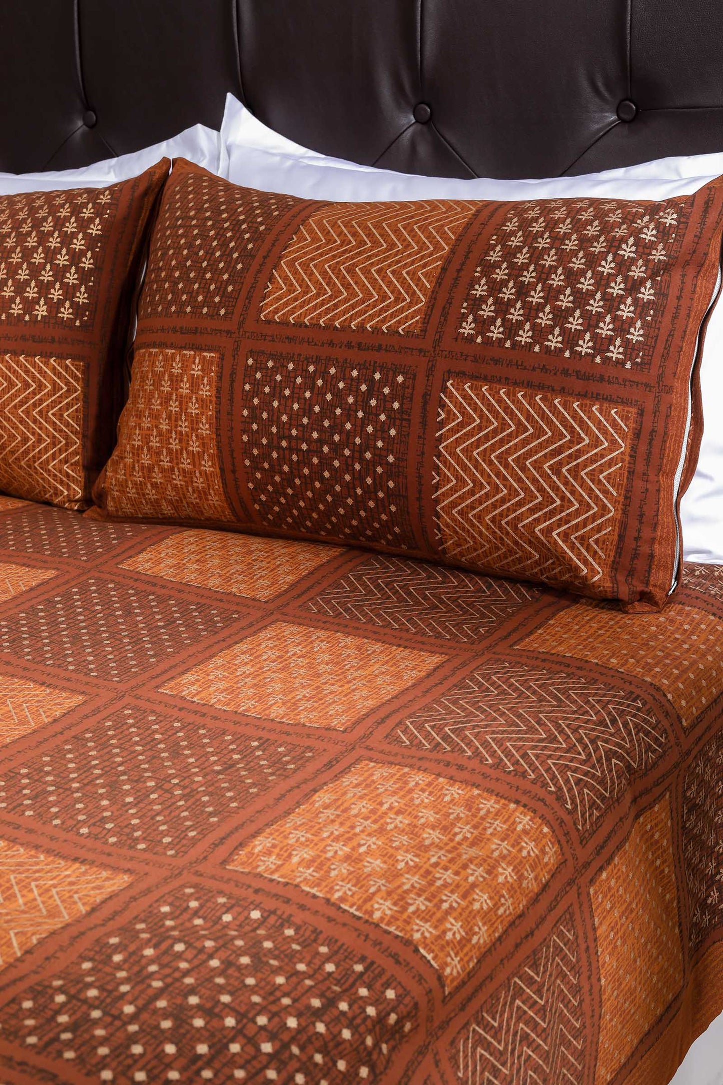 Block Printed Bedsheet Patch Print Brown 90 x 108inch - grahsajja