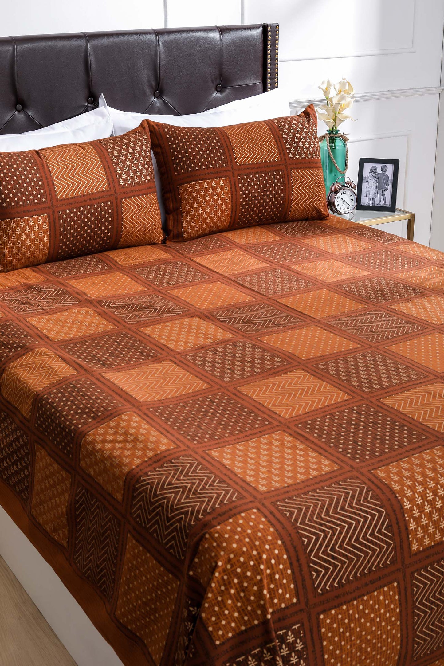Block Printed Bedsheet Patch Print Brown 90 x 108inch - grahsajja