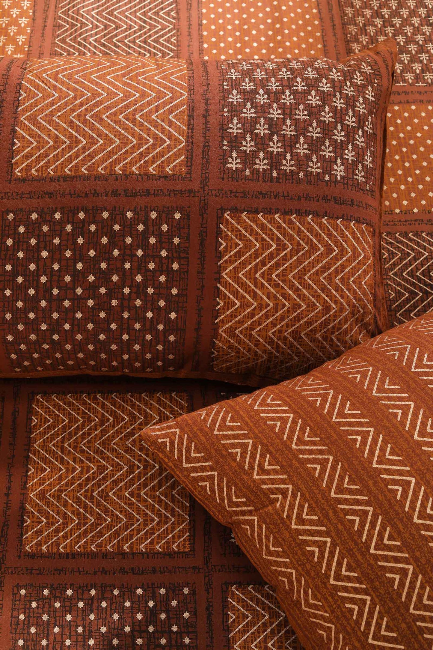 Block Printed Bedsheet Patch Print Brown 90 x 108inch - grahsajja