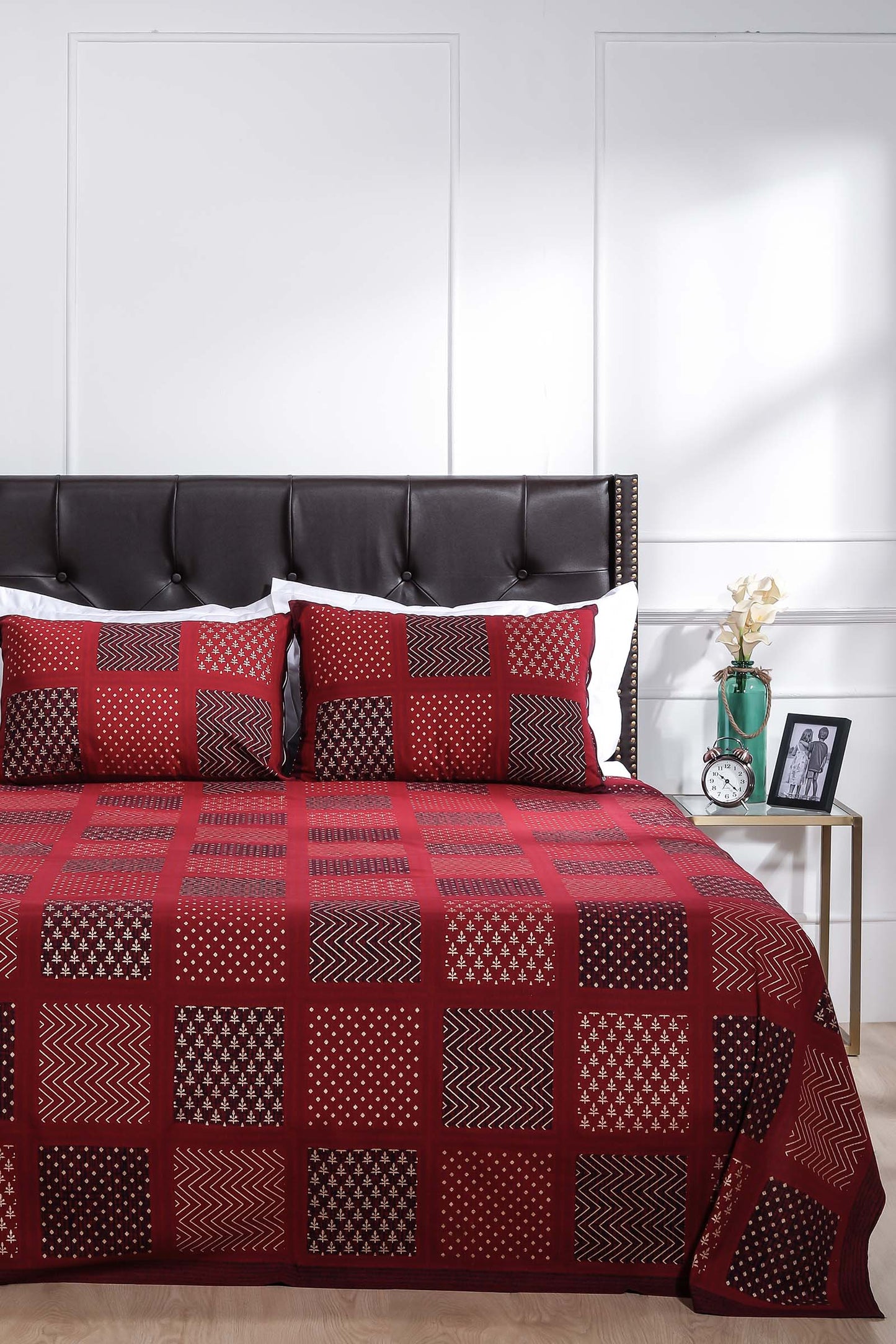 Block Printed Bedsheet Patch Print Maroon 90 x 108inch - grahsajja