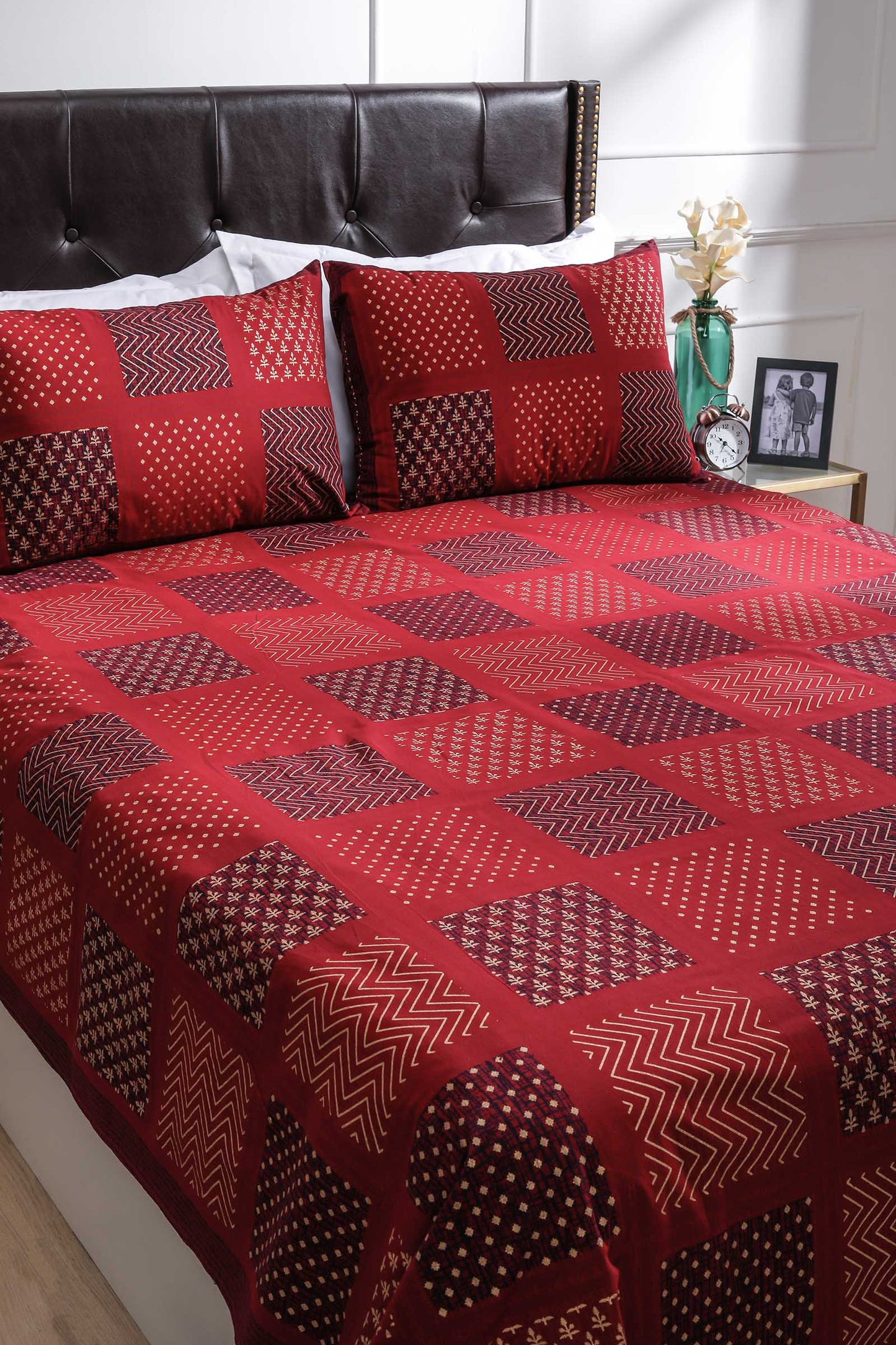 Block Printed Bedsheet Patch Print Maroon 90 x 108inch - grahsajja