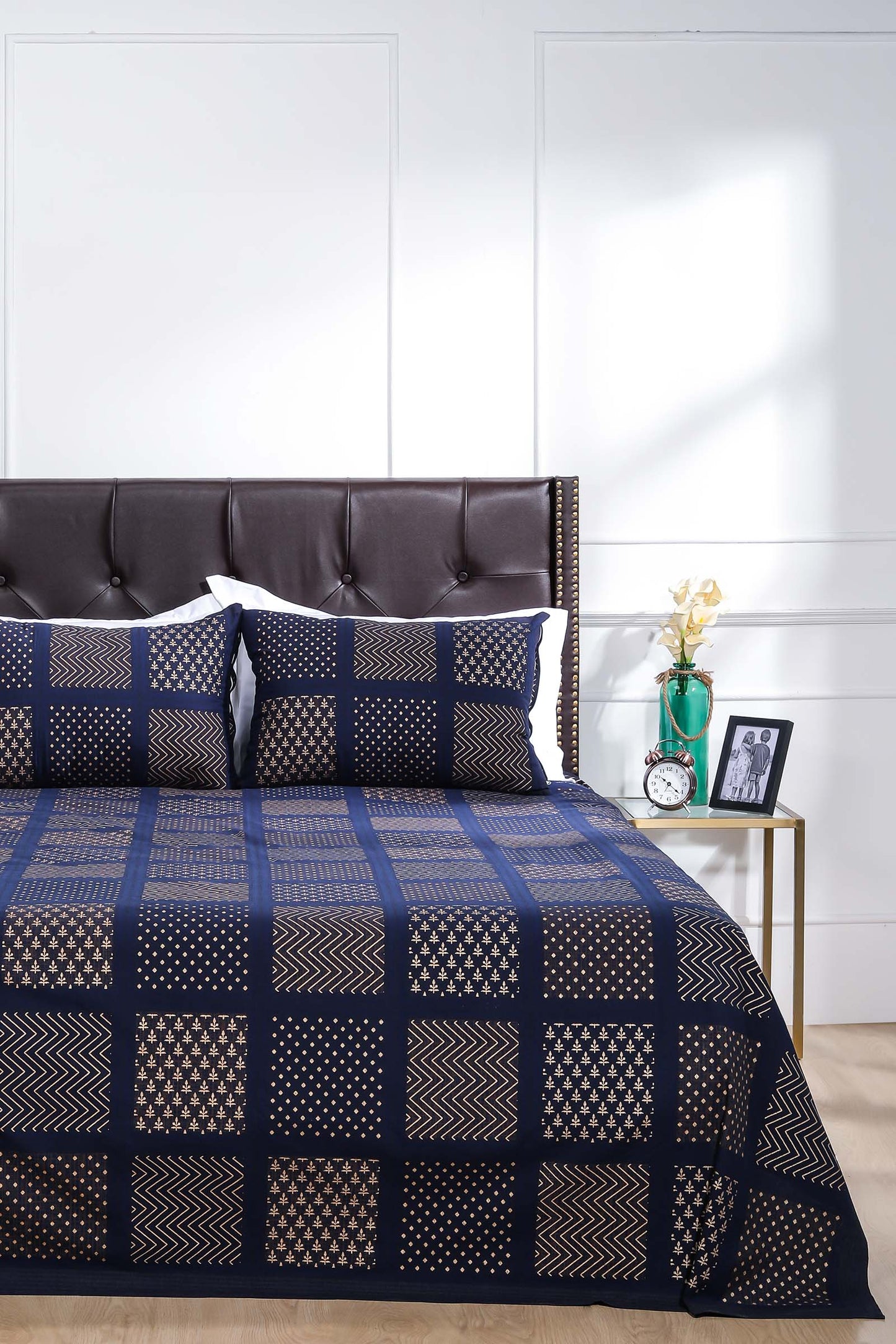 Block Printed Bedsheet Patch Print Blue 90 x 108inch - grahsajja