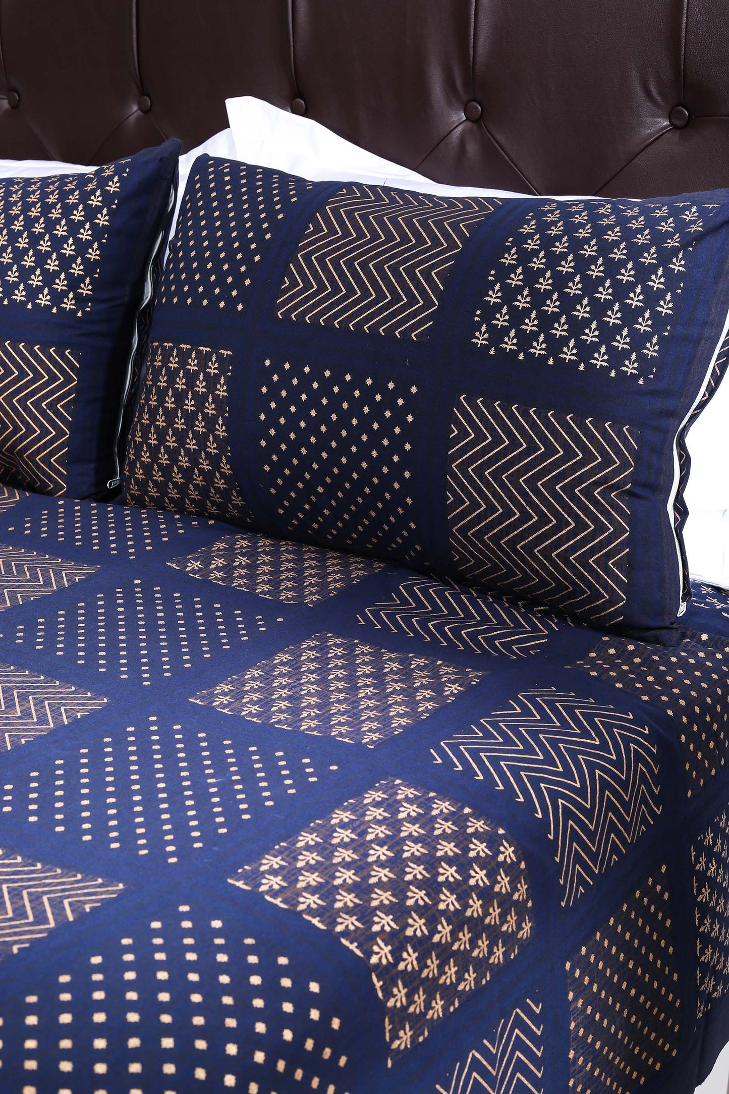 Block Printed Bedsheet Patch Print Blue 90 x 108inch - grahsajja