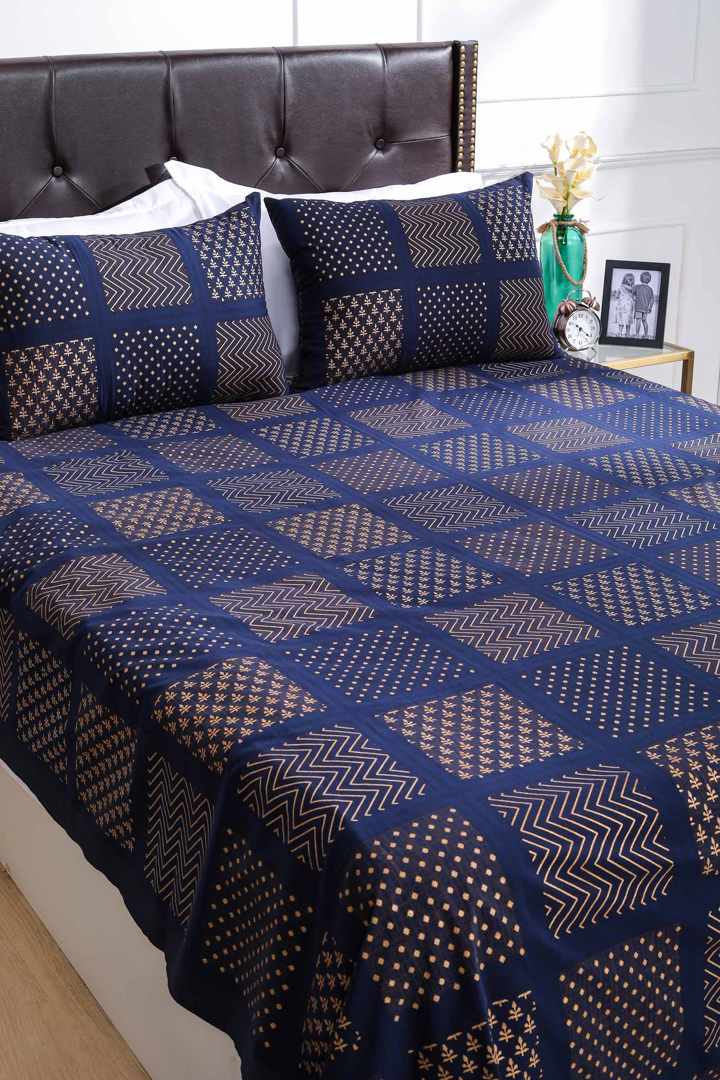 Block Printed Bedsheet Patch Print Blue 90 x 108inch - grahsajja
