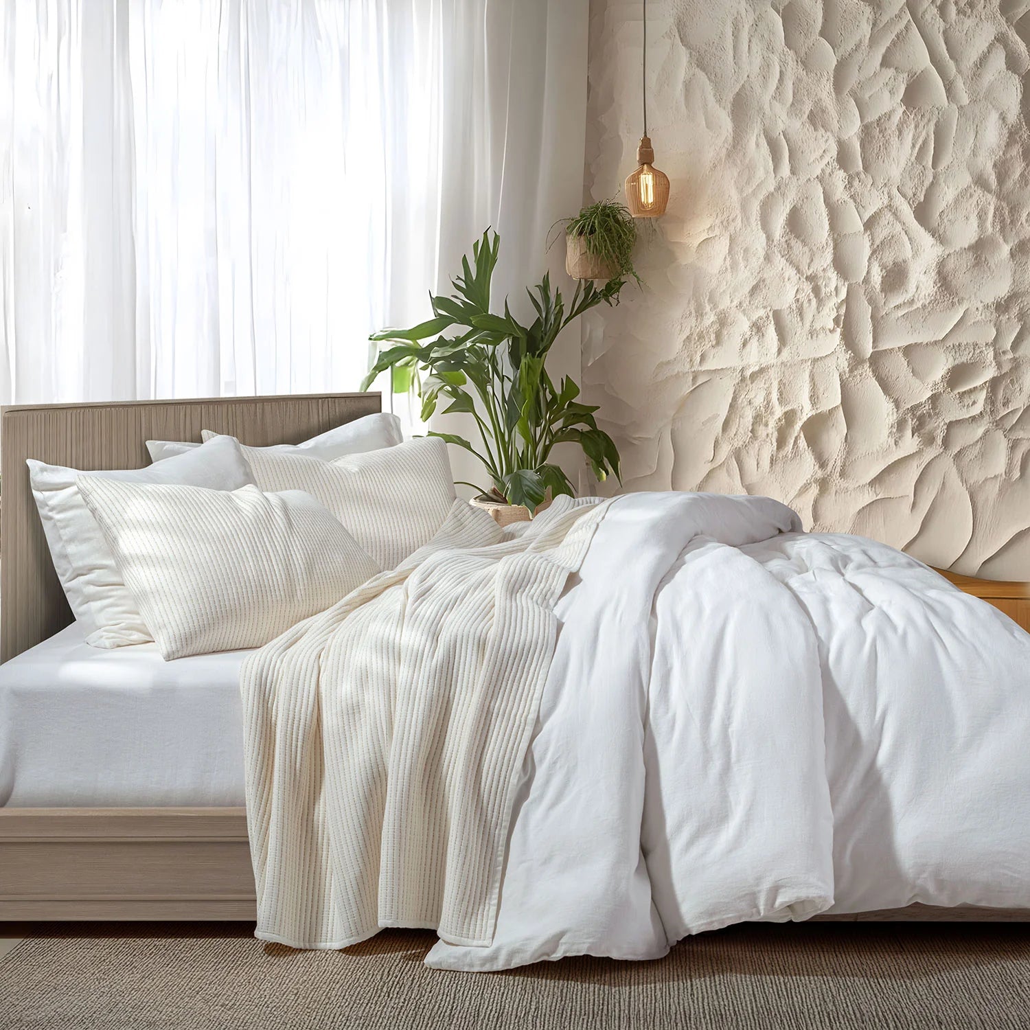 Linen Cotton Quilted Bed Spread Set – Lightweight All-Season Comfort - 3pcs Set | Color : off white