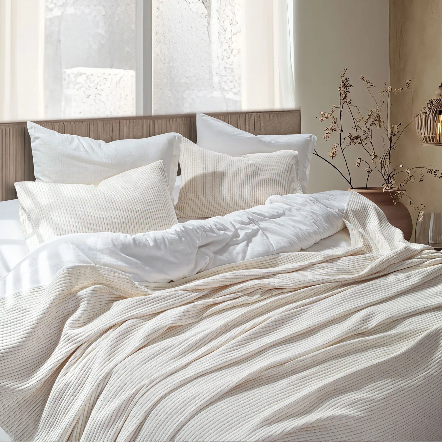 Linen Cotton Quilted Bed Spread Set – Lightweight All-Season Comfort - 3pcs Set | Color : off white