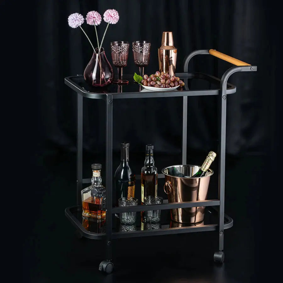 Elegant Glass Serving Cart with Black Metal Detailing - grahsajja