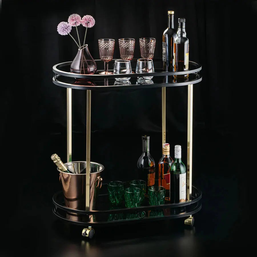 Sleek Black Serving Cart with Gold Trim - grahsajja