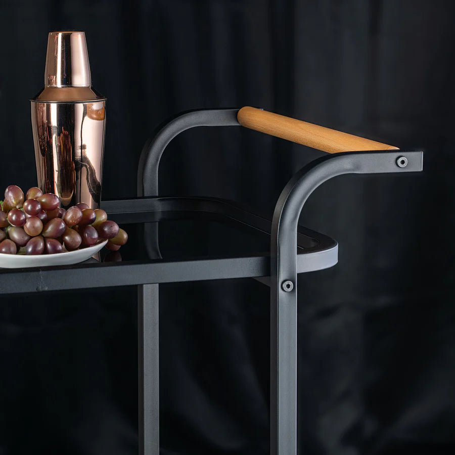Elegant Glass Serving Cart with Black Metal Detailing - grahsajja