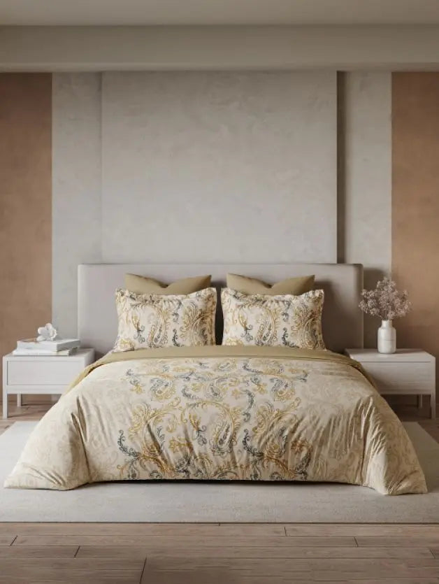 Ddecor Live Beautiful Vega Collection Bedsheet with 2 Pc pillow Covers| Paisley ParkAlmond Buff D'Decor