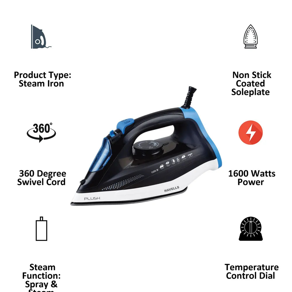 HAVELLS Plush 1600 Watts 320ml Steam Iron (Horizontal & Vertical Steaming, Black)