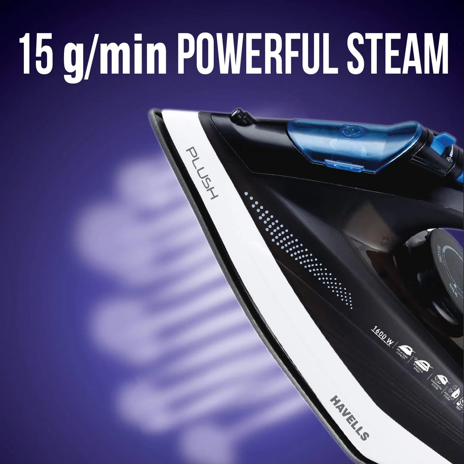 HAVELLS Plush 1600 Watts 320ml Steam Iron (Horizontal & Vertical Steaming, Black)
