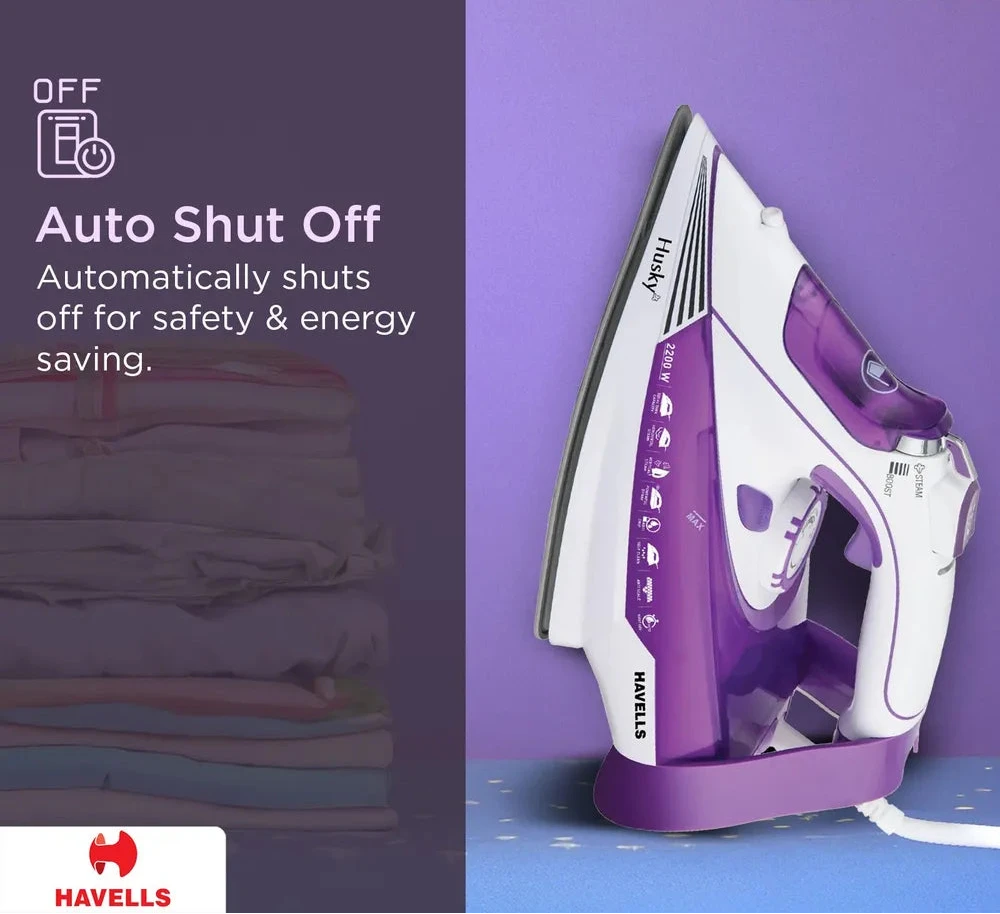 Purple and white iron with auto shut-off feature on a purple background, featuring Havells branding.
