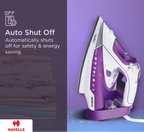 Purple and white iron with auto shut-off feature on a purple background, featuring Havells branding.