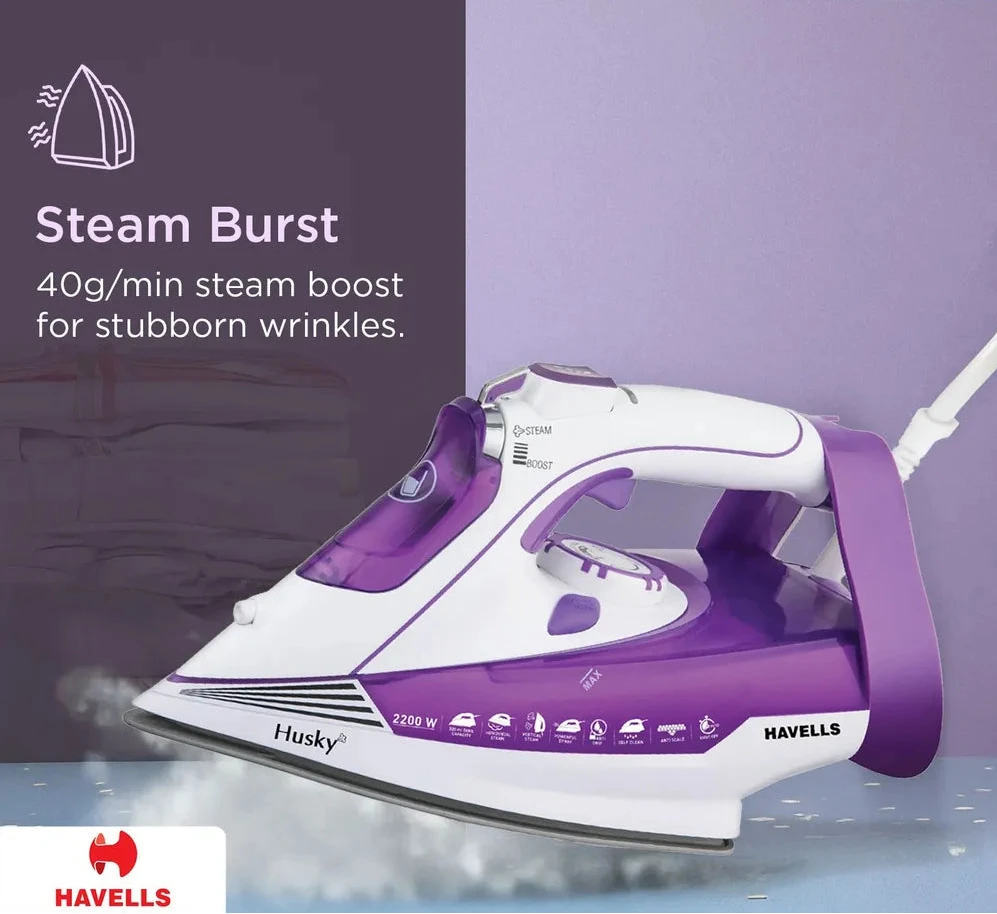 Purple and white iron with steam burst feature on a gray background