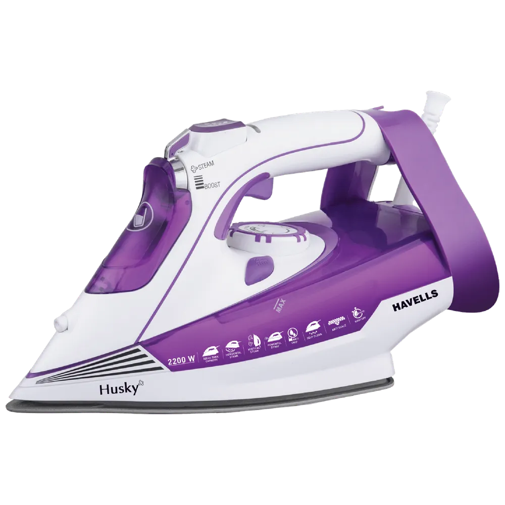 Purple and white iron with 'Husky' and 'Havells' branding on a white background