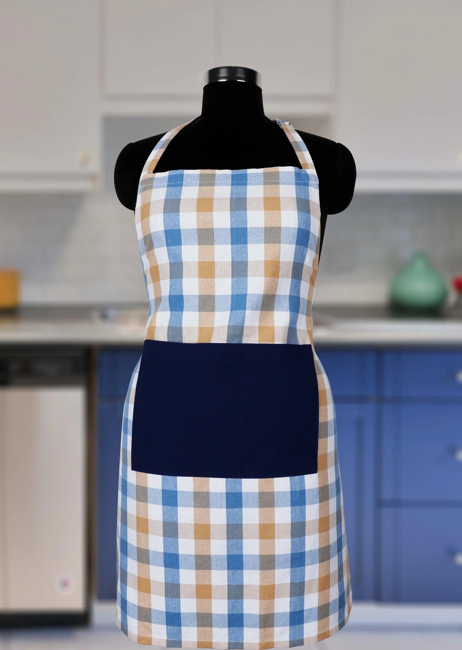Linen bib apron in Blue Beige gingham - grahsajja