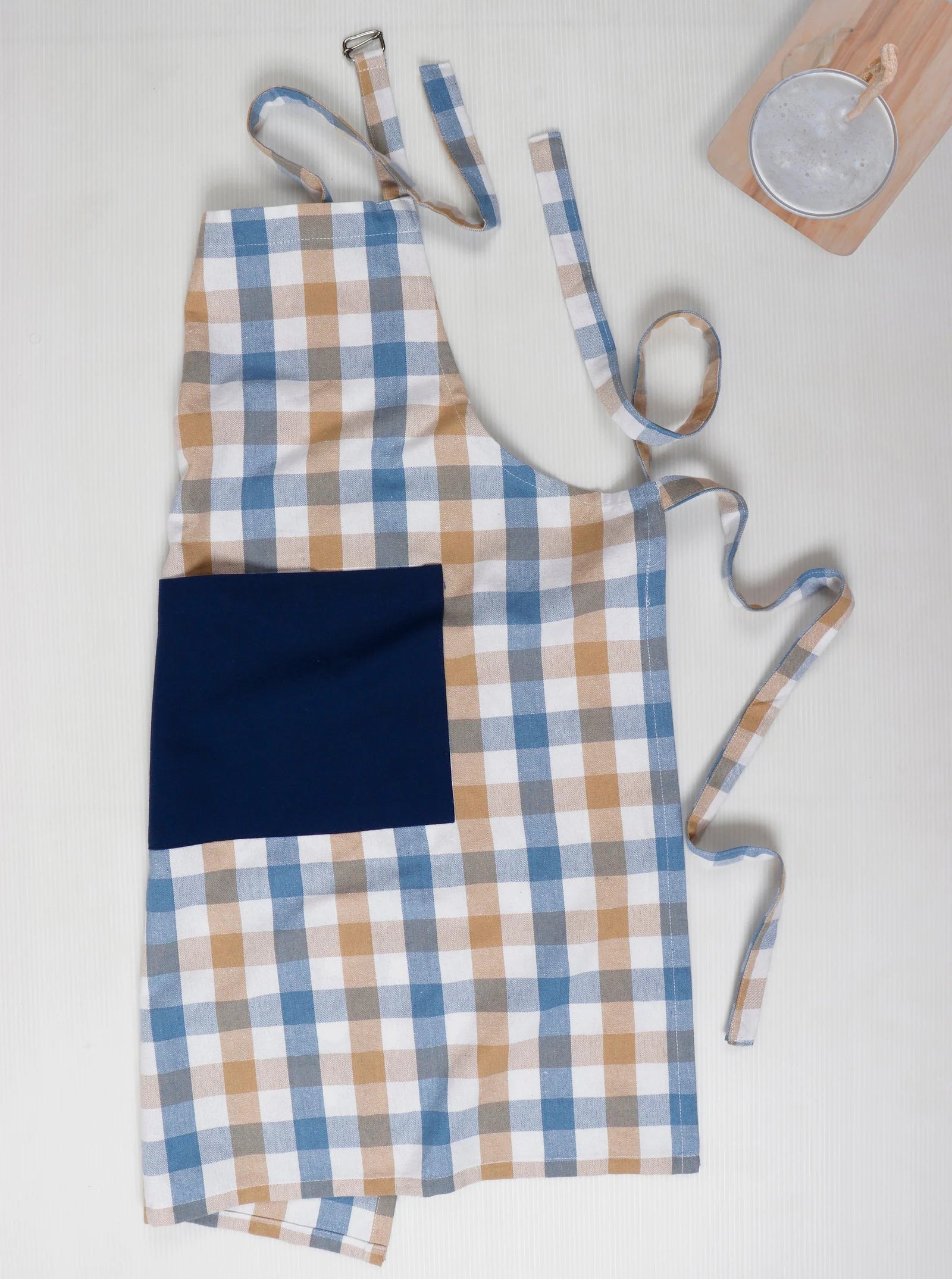 Linen bib apron in Blue Beige gingham - grahsajja
