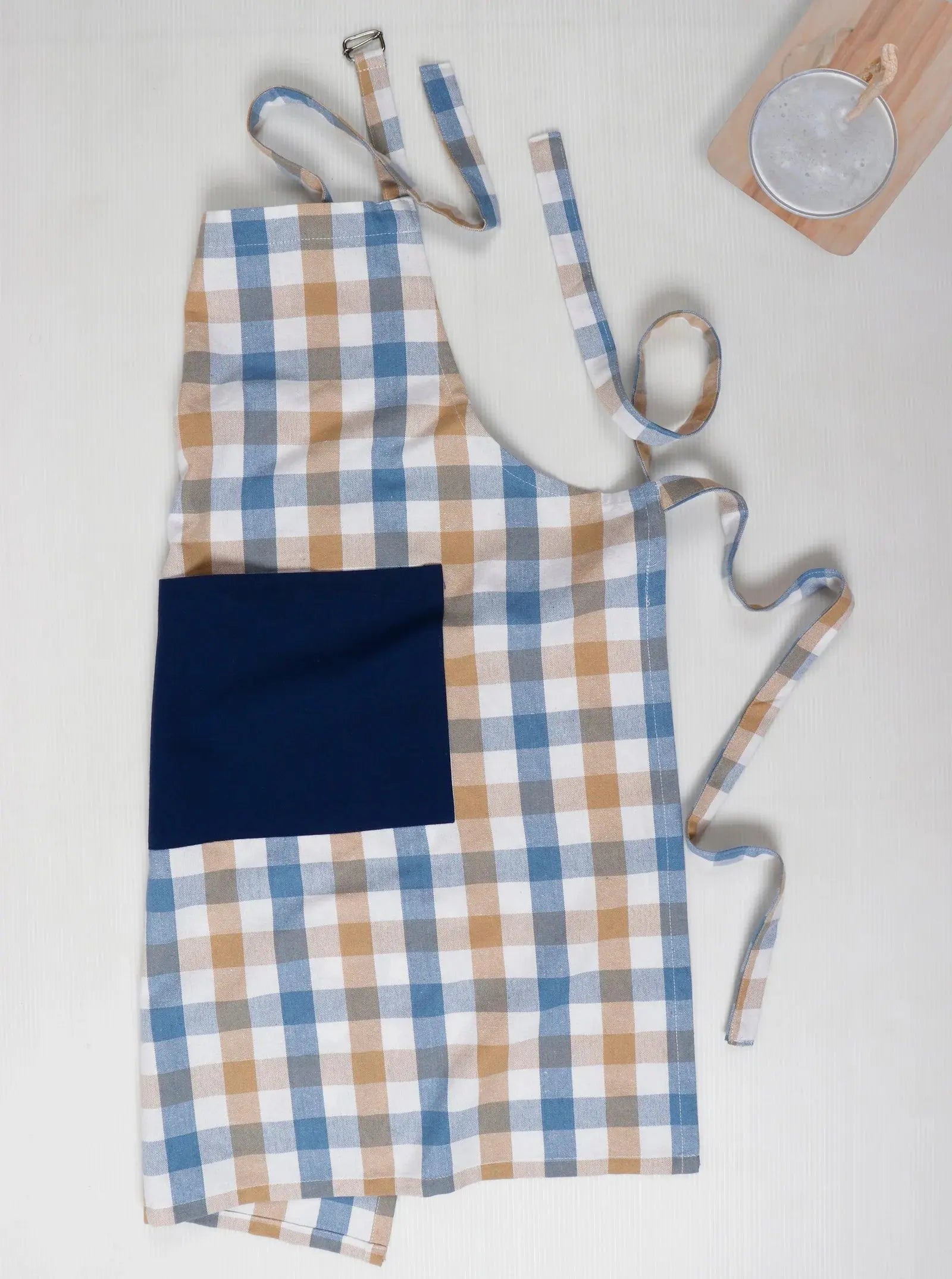 Linen bib apron in Blue Beige gingham - grahsajja