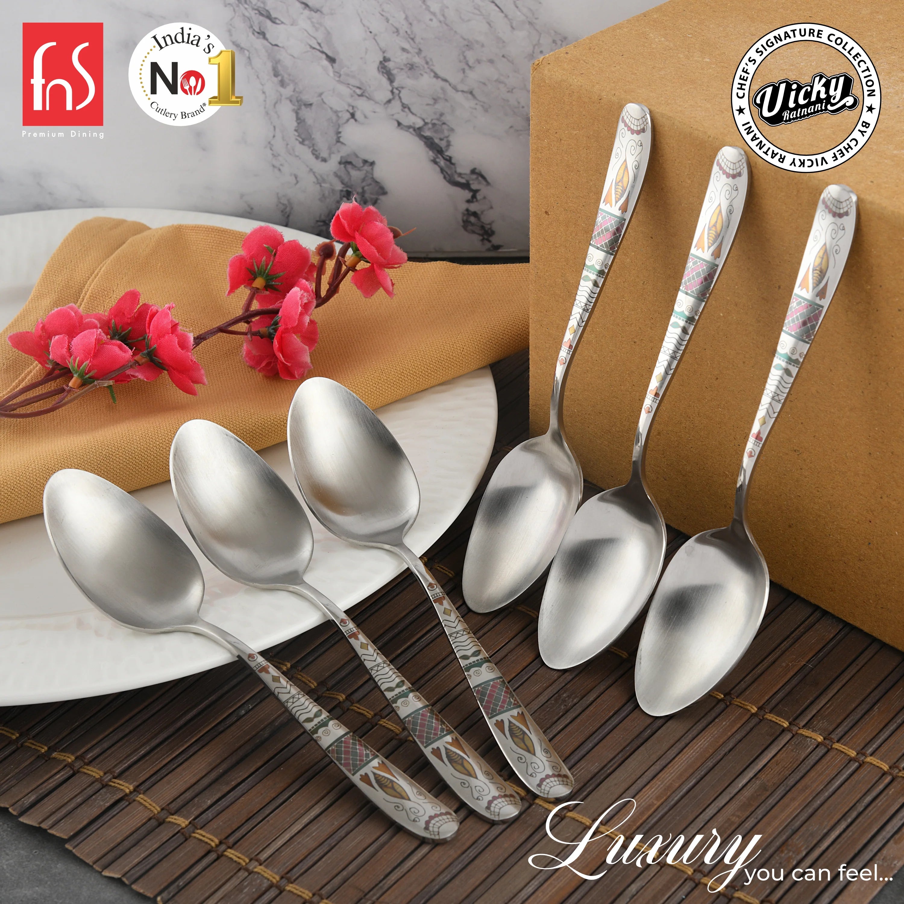 Chef Vicky Ratnani's Signature Collection By FnS Wales Stainless Steel Dessert Spoon 6 Pcs Set