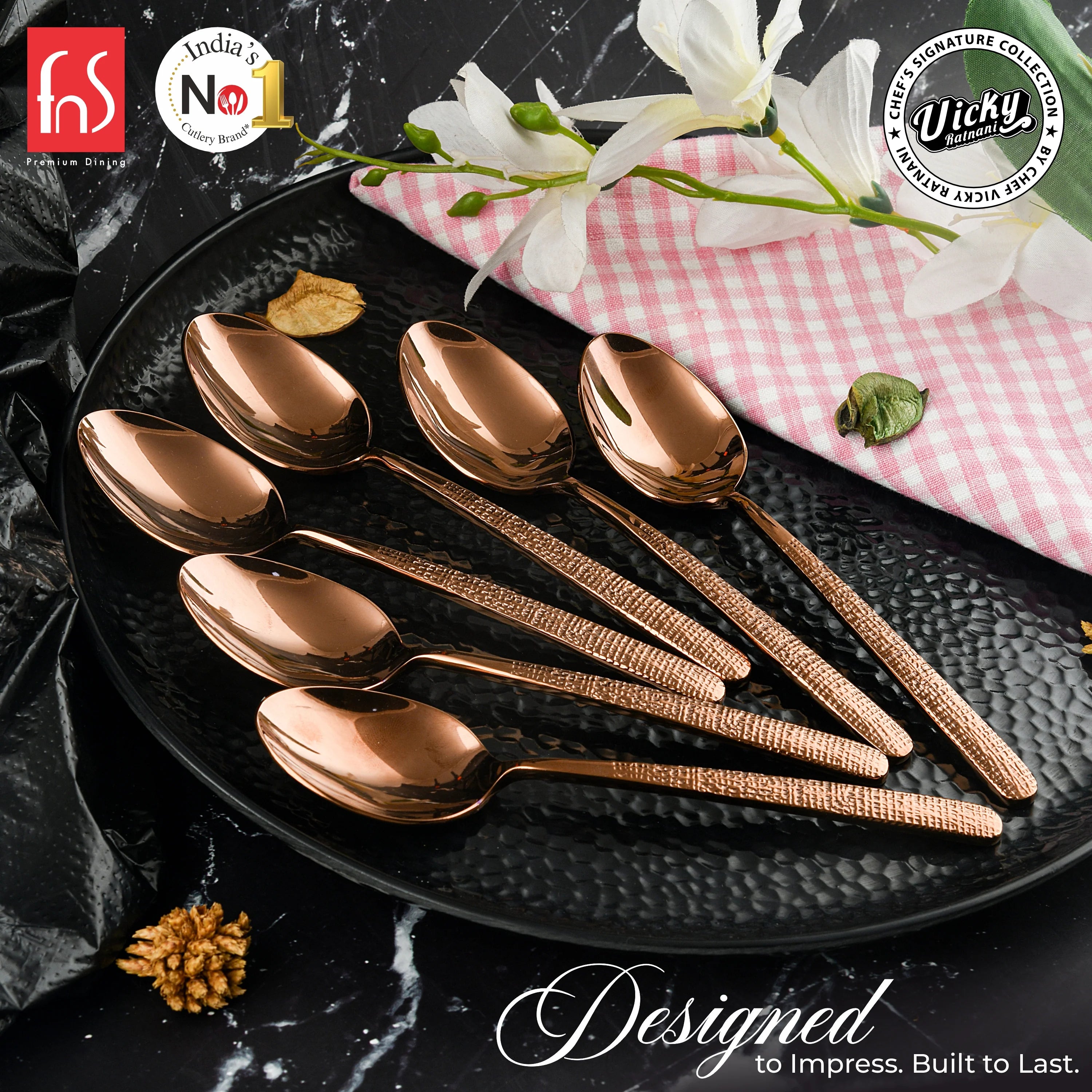 Chef Vicky Ratnani's Signature Collection By FnS Sorrento Rose Gold Stainless Steel Dessert Spoon 6 Pcs Set