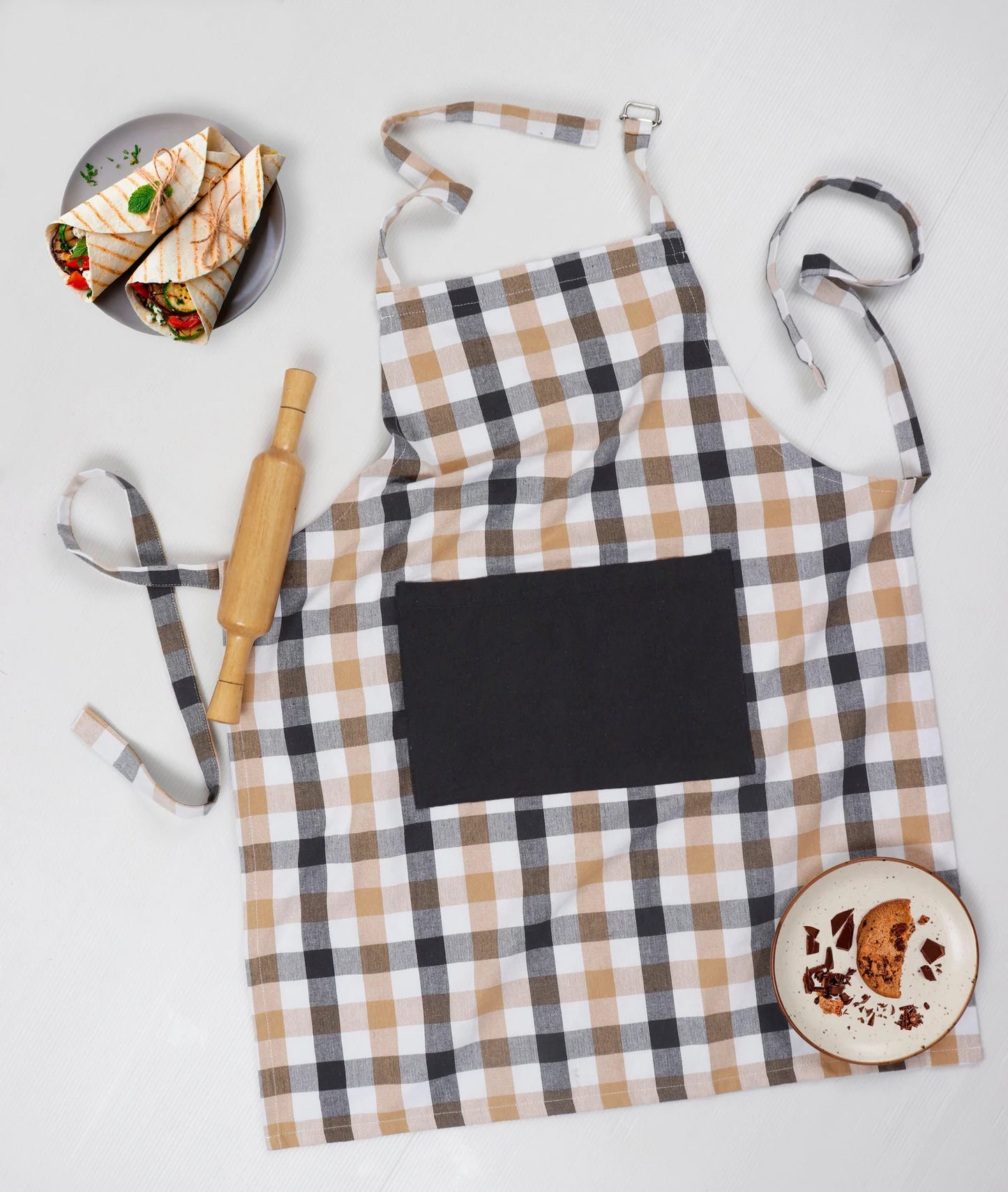 Linen bib apron in Beige Grey gingham - grahsajja