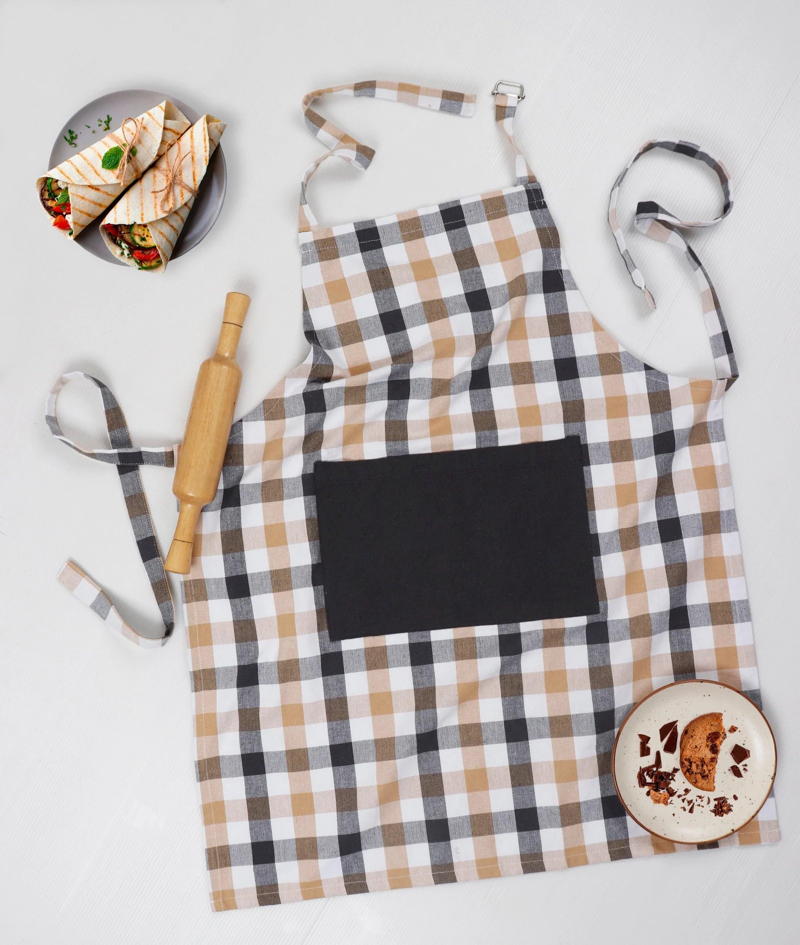 Linen bib apron in Beige Grey gingham - grahsajja