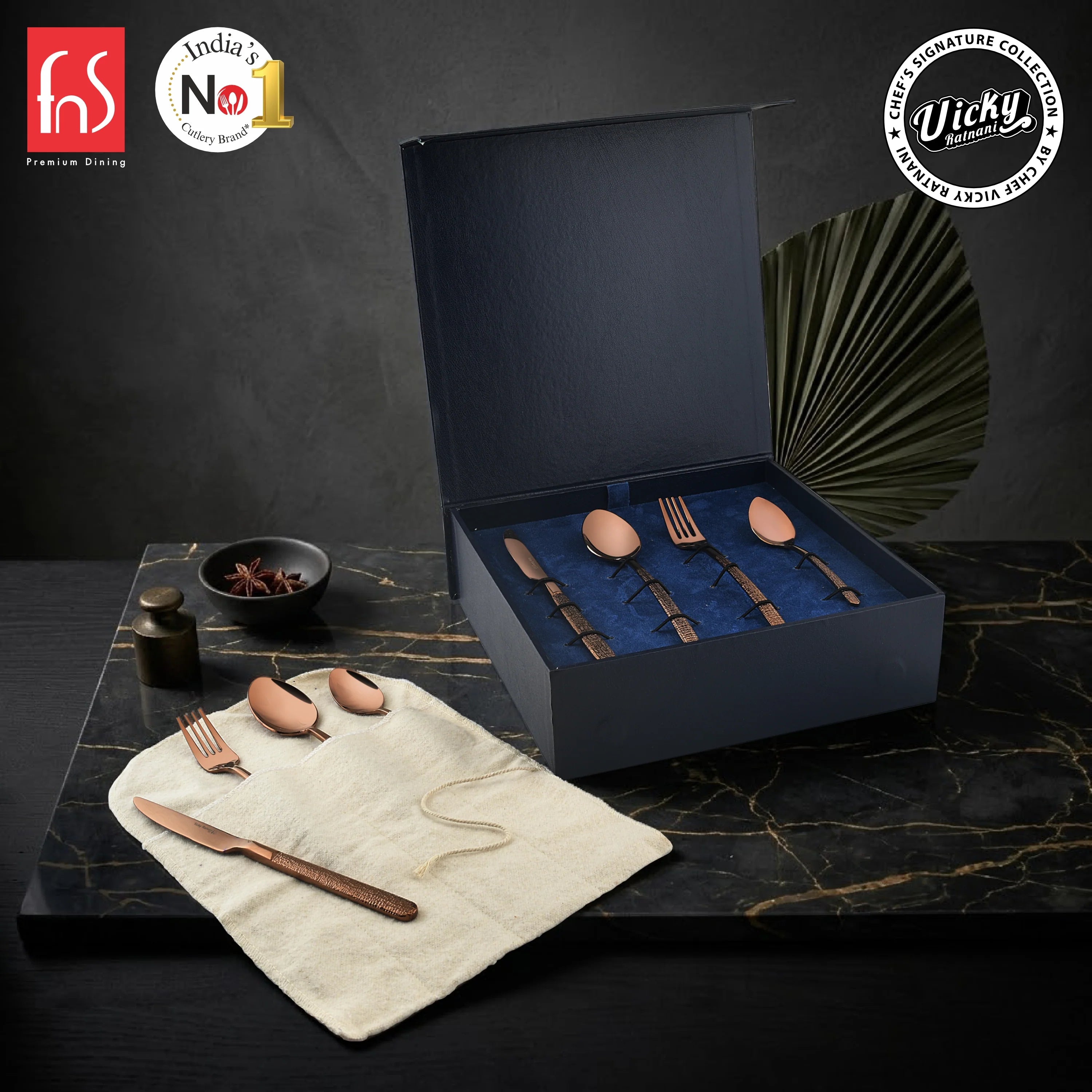 Chef Vicky Ratnani's Signature Collection By FnS Sorrento Rose Gold Stainless Steel 24 Pcs Cutlery Set