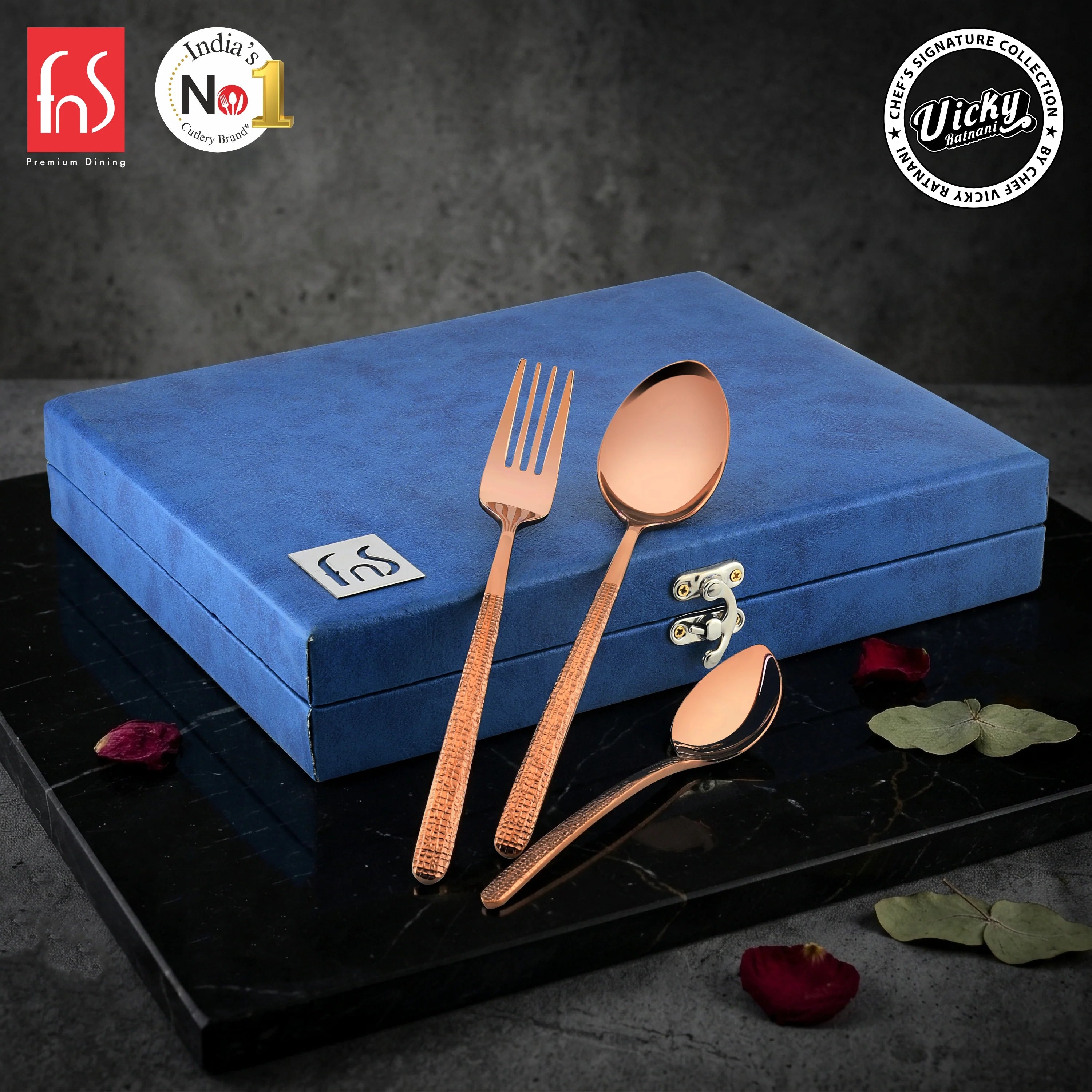 Chef Vicky Ratnani's Signature Collection By FnS Sorrento Rose Gold Stainless Steel 18 Pcs Cutlery Set