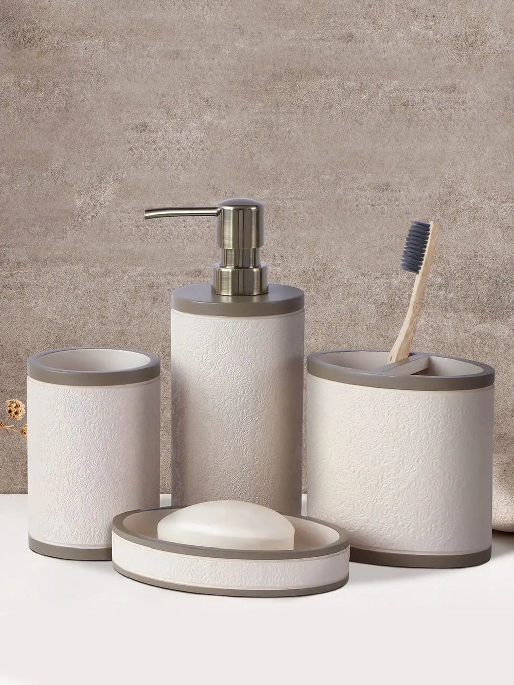 Alvina 4 Pcs Beige & Brown Textured Bathroom Accessories Set - grahsajja